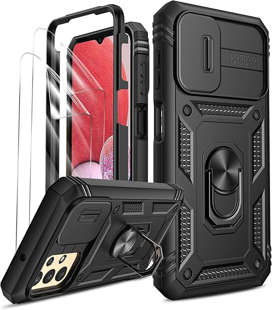 LeYi Samsung A13 Phone Case with Camera Cover Slider, (2 Pack HD Screen Protector) 360° Full Body Protective Shockproof Heavy Duty Cover with Ring Stand for Galaxy A13 4G Black