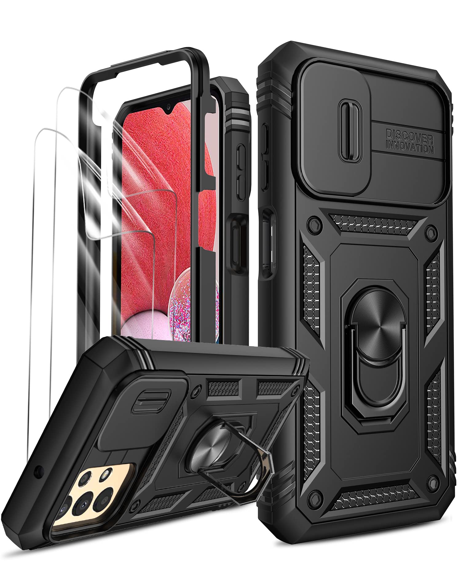 LeYi for Samsung A13 Phone Case with Camera Cover Slider, (2 Pack HD Screen Protector) 360° Full Body Protective Shockproof Heavy Duty Cover with Ring Stand for Galaxy A13 4G Black