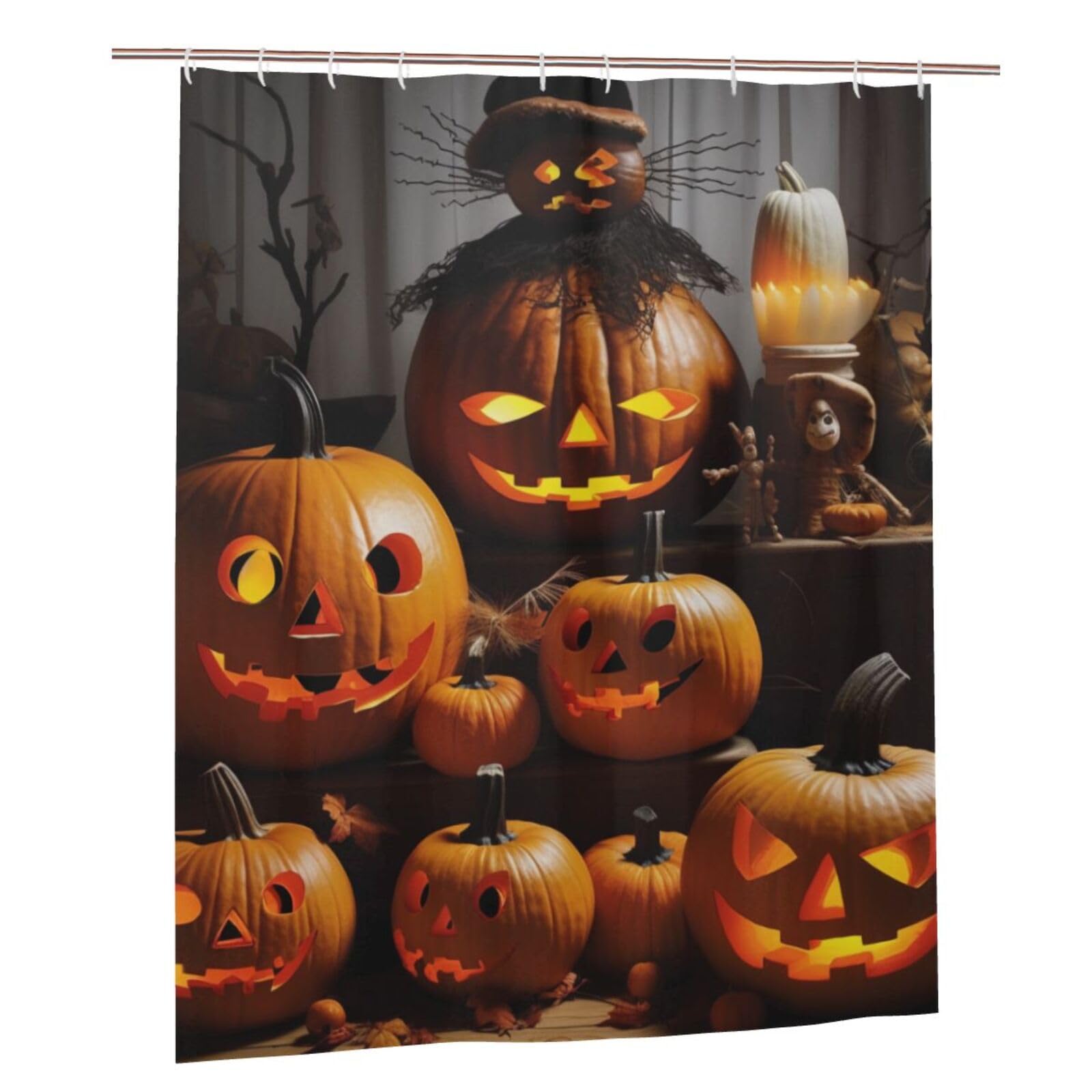 BWWHCCTI Halloween Pumpkins Printed Shower Curtain With 12 Plastic Hooks Opaque Quick Drying Waterproof Shower Curtains Sets For Bathroom 152x183 Cm