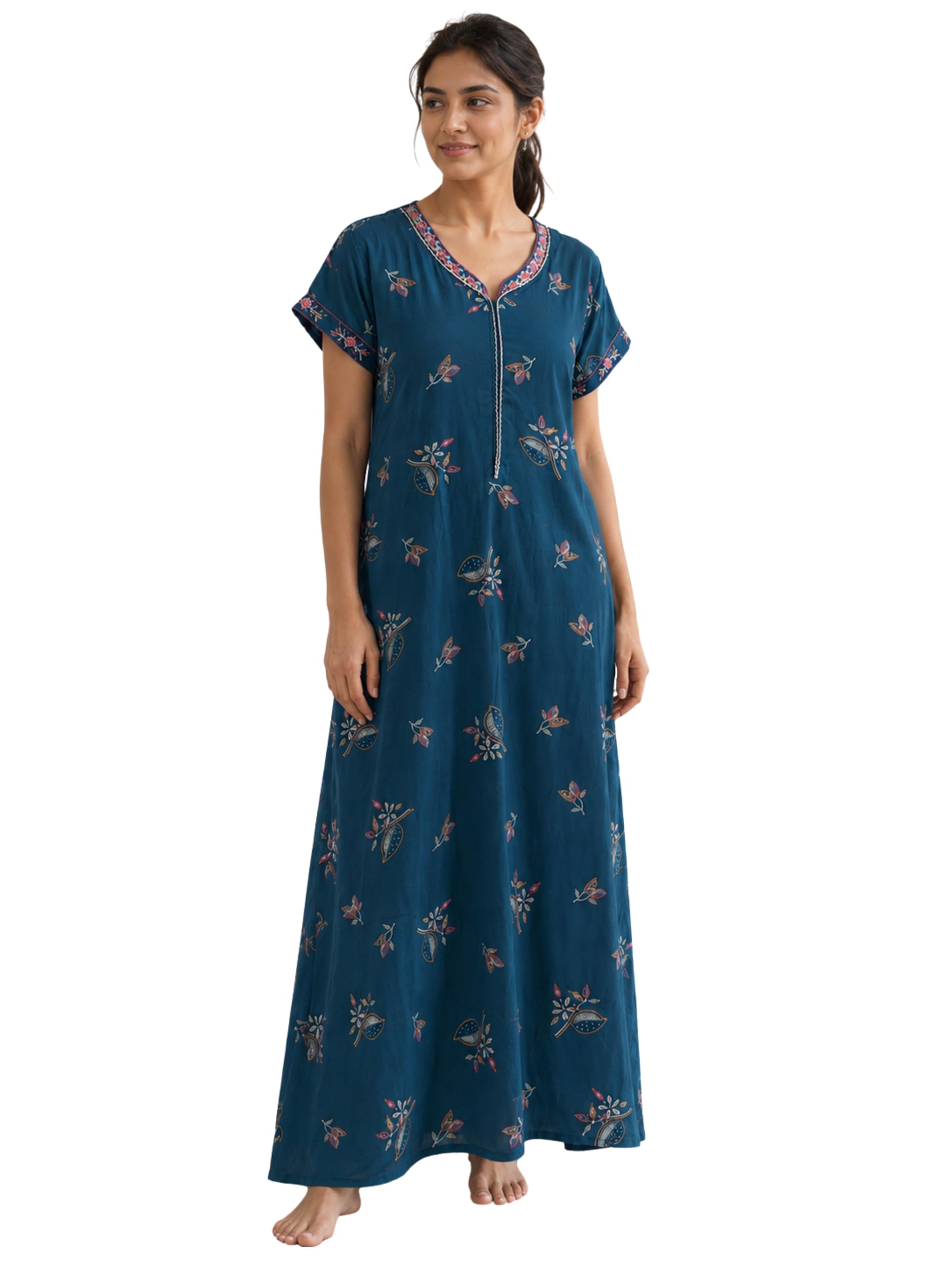9shines label Alpine Maxi Nighty | Stylish A-Line Night Gown | Front Zipper & Pocket Night Gown| Embroidered Neckline with Floral Border | Soft Comfortable Nightwear & Loungewear Women-picture-47