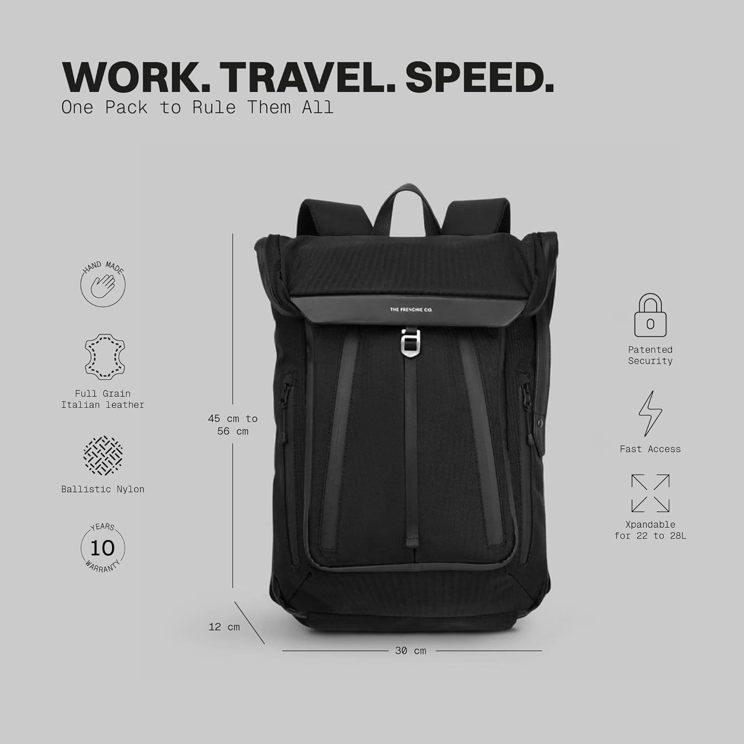 The Frenchie Co. - Work/Travel Speed Backpack - Expandable 23–30 liters - Laptop compartment with anti-theft magnetic closure - Ballistic nylon durable commuter pack - Image 2