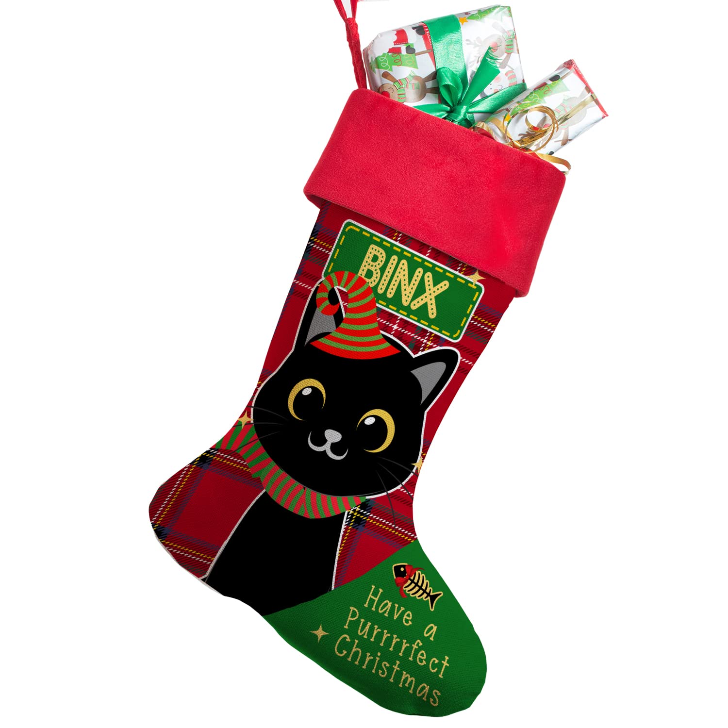 KRAFTYGIFTS Personalised Cat Stocking Christmas Kitten Hanging Xmas Santa Boot Present Pet Treat Bag Smooth Black Cats SC03