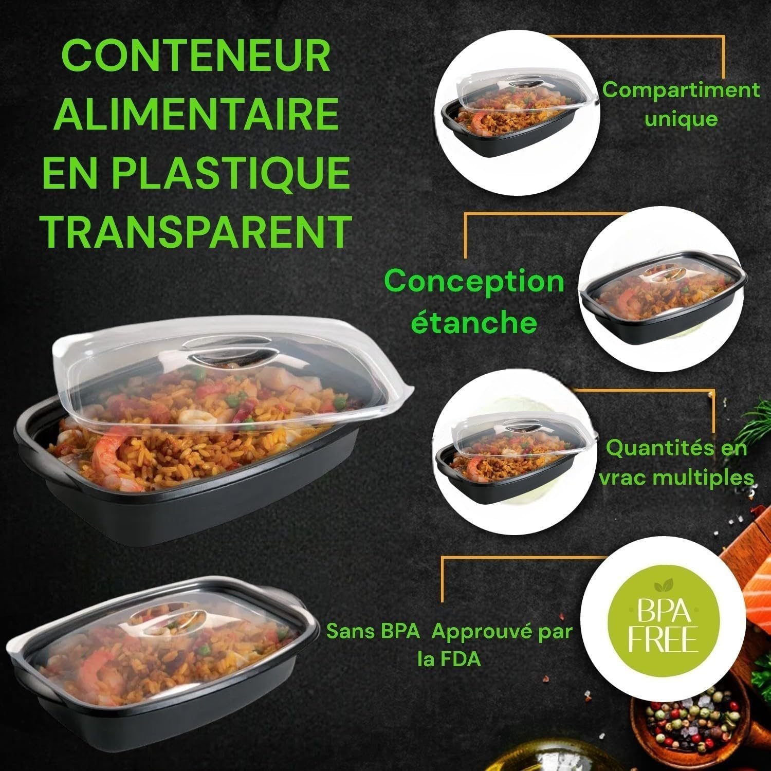 EURO DECO Barquette en Plastique, Contenants de Meal Réutilisables 1000 ml – Lot de 50 boite,1Compartiment, Couvercles Hermétiques Anti-Fuite – Compatibles Micro-ondes et Lave-Vaisselle, Idéales pour