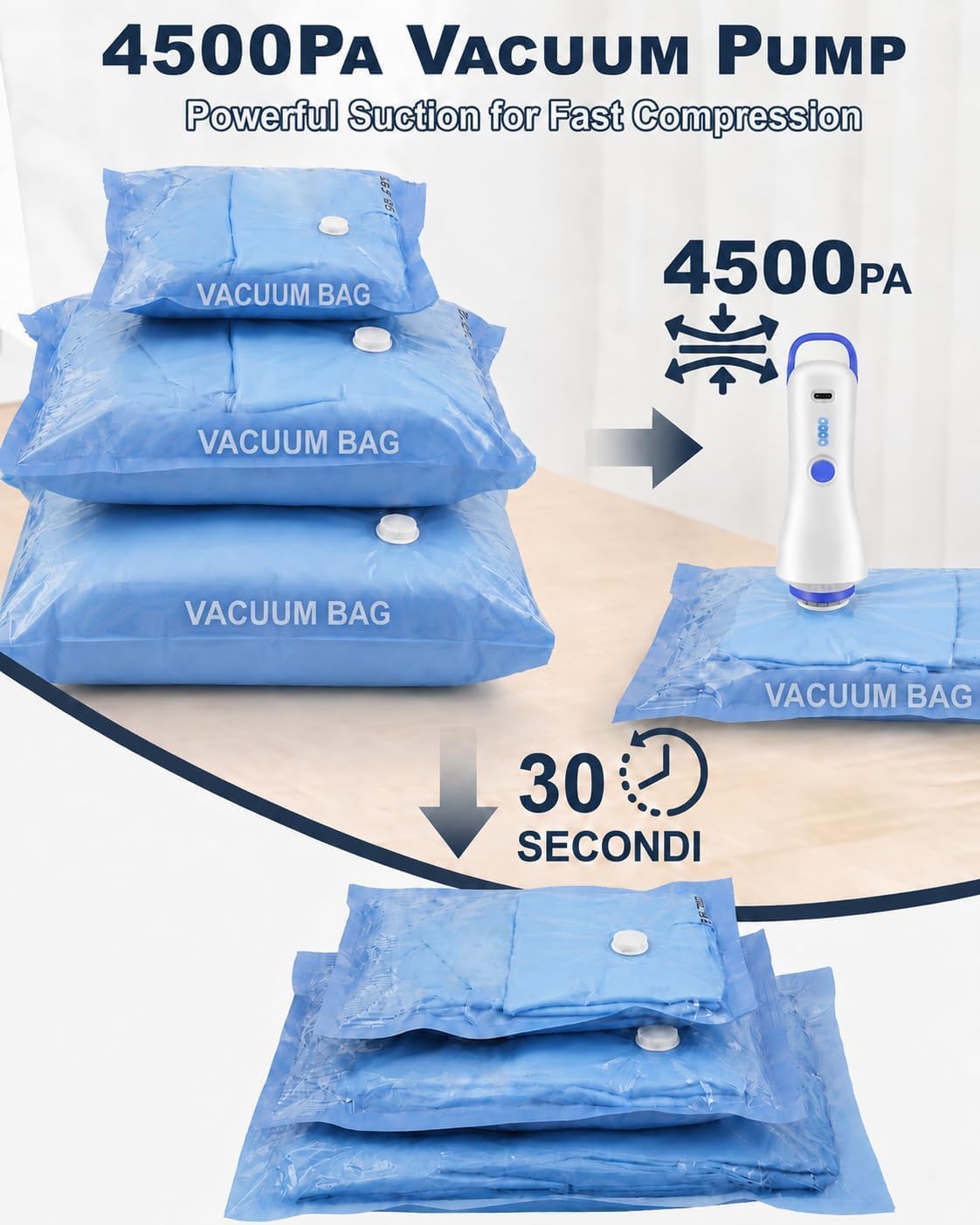 Sacchetti sottovuoto con pompa elettrica, 16 sacchetti salvaspazio per abbigliamento, viaggi, trapunte, coperte, biancheria da letto