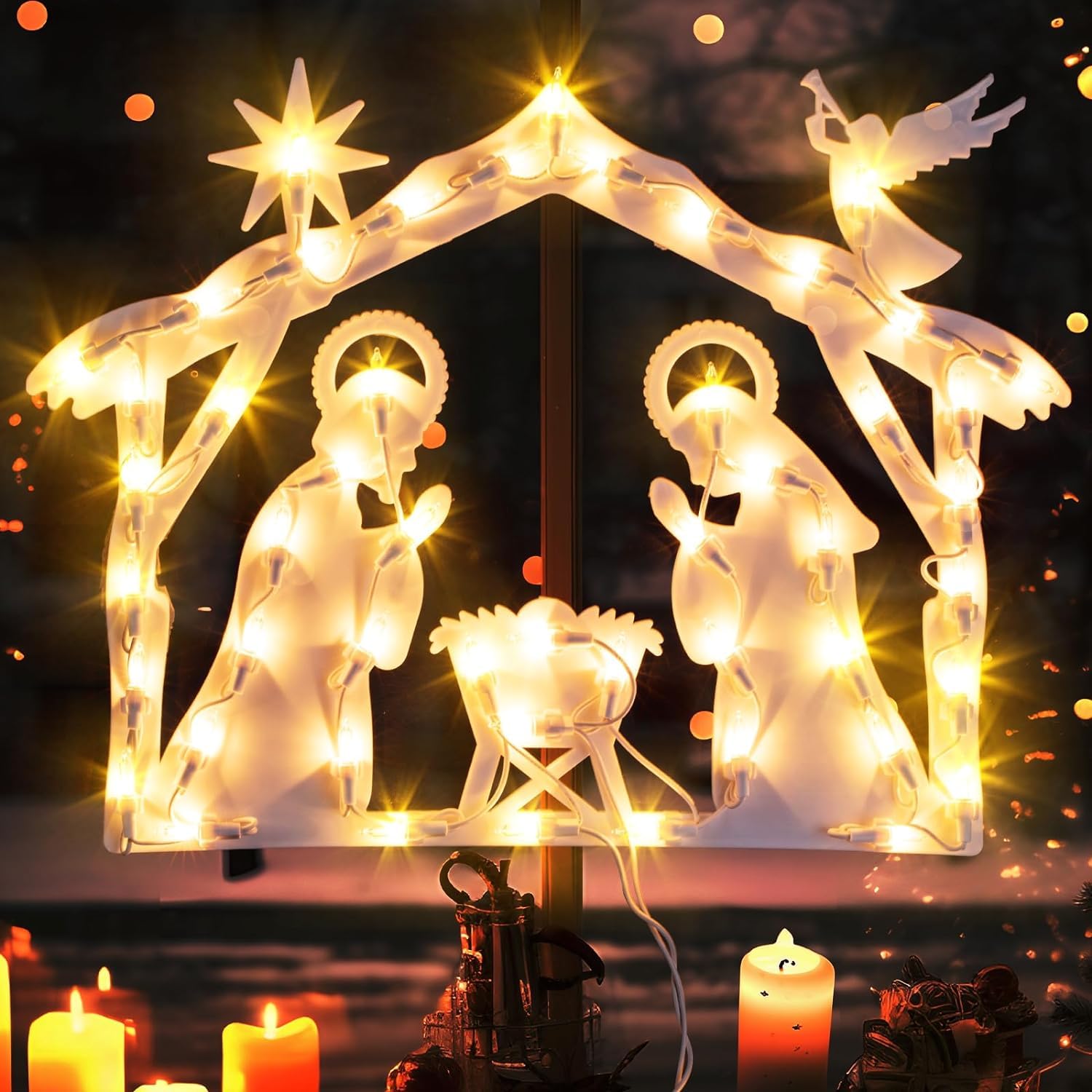 GlobaLink Luces Nacimientos de Navidad con 50LEDS, 8 Modos Impermeables iP44 Función de Memoria Nacimientos Navidad Decorativas para Interior y Exterior, Ventana, Pared, Escaparate, Blanco Cálido