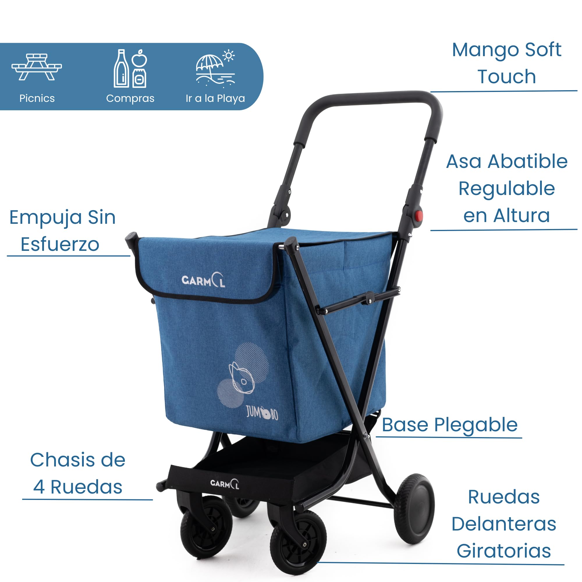GARMOL Carro de la Compra Plegable 66 litros | Carro de la Compra 4 Ruedas Gran Capacidad | Carrito Compra 4 Ruedas Plegable Color Azul