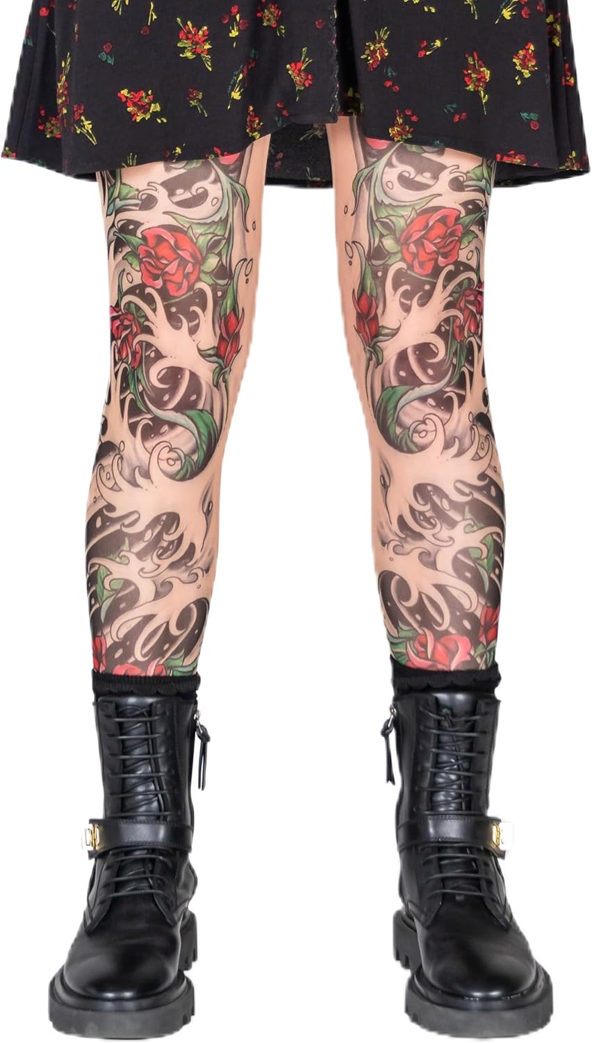 Wild Rose Ladies Sheishe Red Rose Flower Tribal Blackwork Tattoo Mesh Leggings, Tan