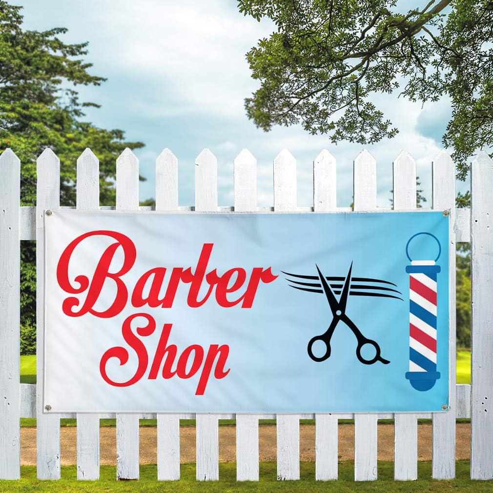 Vinyl Banner Multiple Sizes Barber Shop Business B Business Outdoor Weatherproof Industrial Yard Signs Red 4 Grommets 16x40Inches