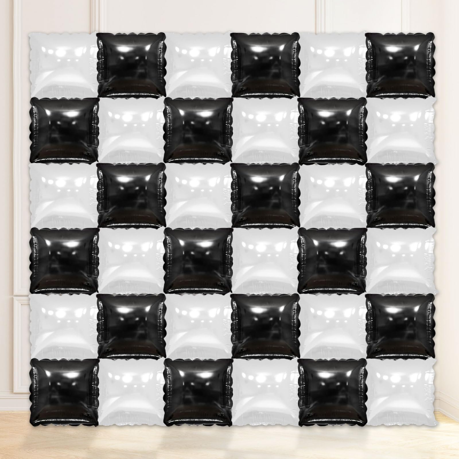 36 Pcs Black and White Square Foil Balloon Wall Backdrop Double Sided Race Car Checkered Balloons Backdrop Tunnel Arch Kit Mylar Square Balloons for