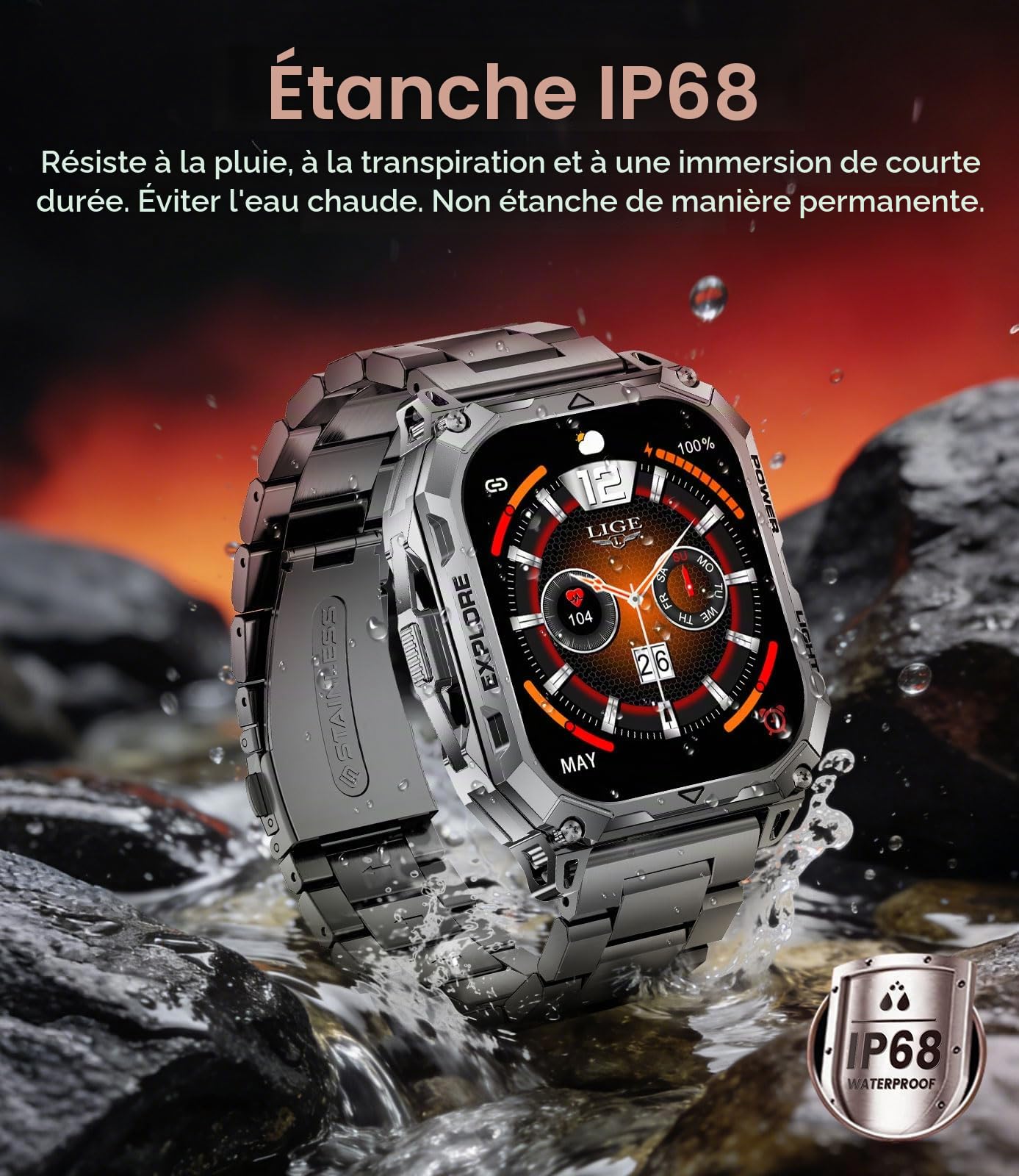 Montre Connectée Homme Militaire, 2.01" HD Grand Écran Smartwatch avec Appel/Torche LED/Batterie 900mAh/Fitness Tracker/100+ Modes Sportifs, 2 Câbles, IP68 Étanche pour Android iOS, Noir-orange