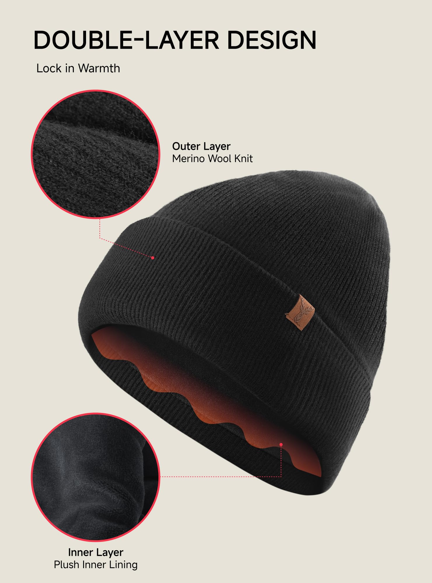 TRENDOUX Czapka zimowa beanie dla mężczyzn i kobiet: wełna merynosów, uniseks, termiczna czapka z dzianiny z polarową podszewką, elastyczna, oddychająca, na co dzień