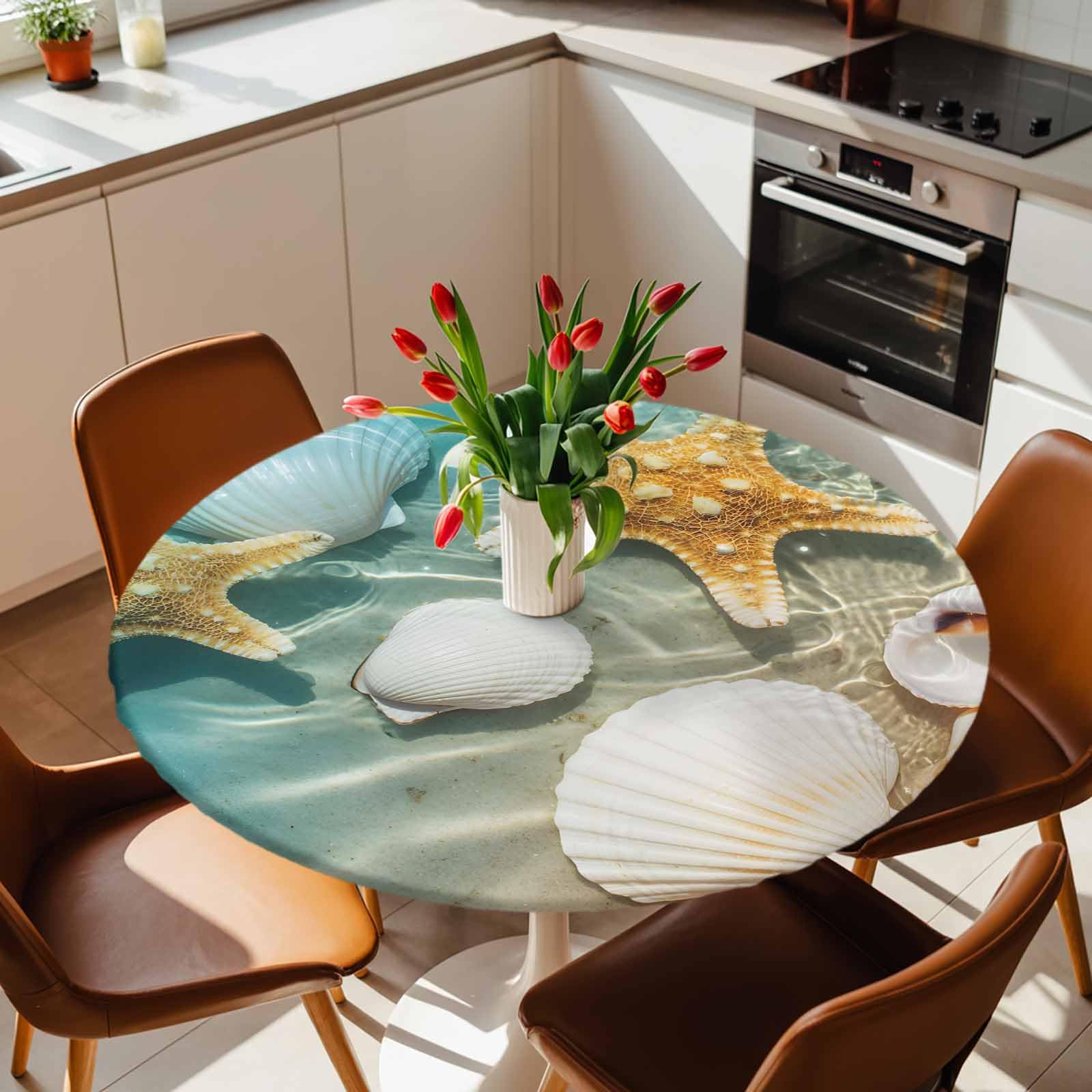 Round Fitted Tablecloth, Ocean Beach Seashell Starfish Waterproof Table Cloth with Elastic Edge Circle Table Cover, Sea Water Waves Outdoor Tablecloths for Kitchen Picnic Patio Indoor