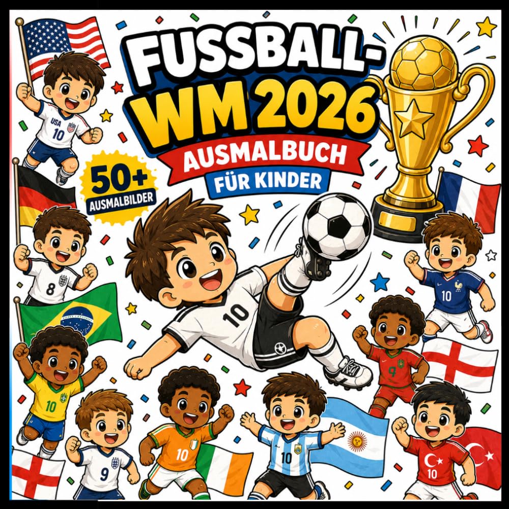 Fußball-WM 2026 Ausmalbuch für Kinder: 50 niedliche Kawaii-Ausmalbilder mit Fußballspielern aus aller Welt – Spaß für Jungen und Mädchen ab 4 Jahren
