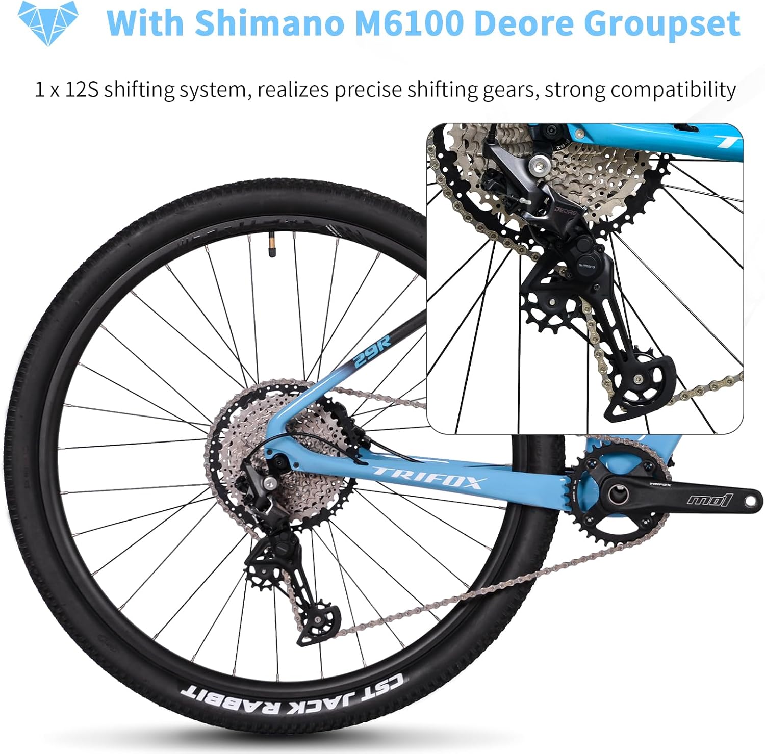 TRIFOX Carbon Fiber Mountain Bike,29er Carbon Mountain Bike with Shimano M6100 Deore Groupset 12-Speed,Carbon Fiber Frame,Hydraulic Fork 130mm Travel,/17/19 inch