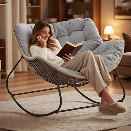 Papasan Rocking Chair, Oversized Indoor/Outdoor Wicker Egg Lounge Chair for Bedroom,Living Room,Patio-Gray