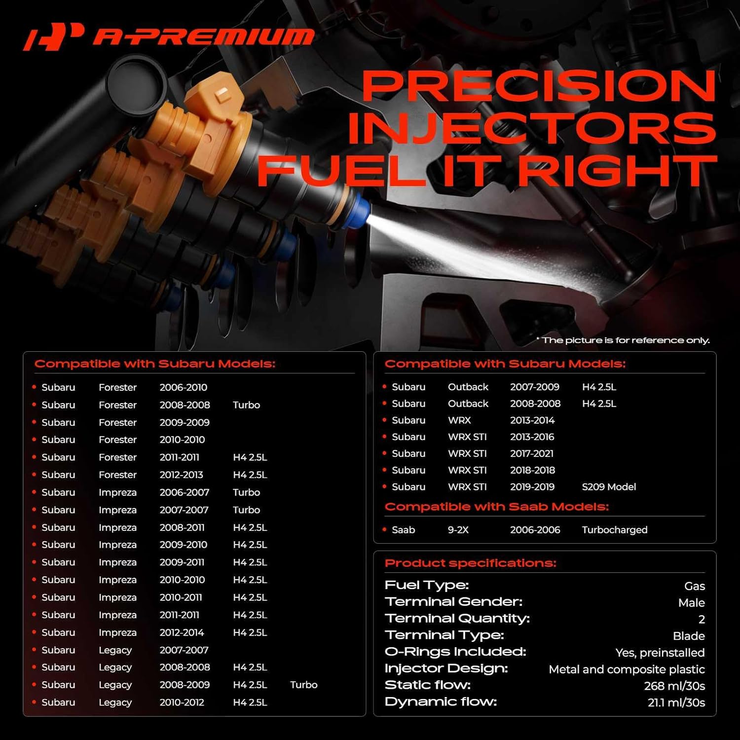 A-Premium Set of 4 Fuel Injectors Compatible with Subaru Outback 2007-2009, Forester 2006-2013, Impreza 2006-2014, Legacy 2007-2012, WRX 2013-2014, WRX STI 2013-2021 & Saab 9-2X 2006, 2.5L