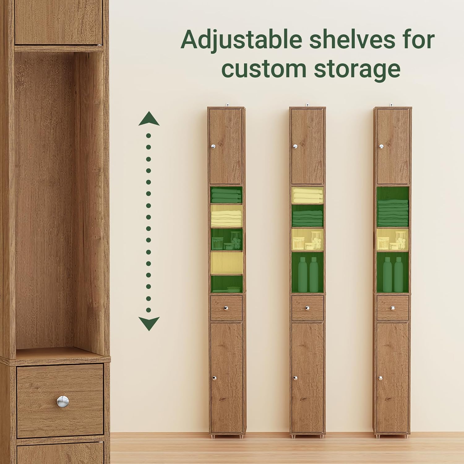Haotian Bathroom Narrow Storage Cabinet Skinny Tall Unit with Adjustable Shelves Slender Anti-Tipping Floor Standing Cupboard, Natural BZR34-PF