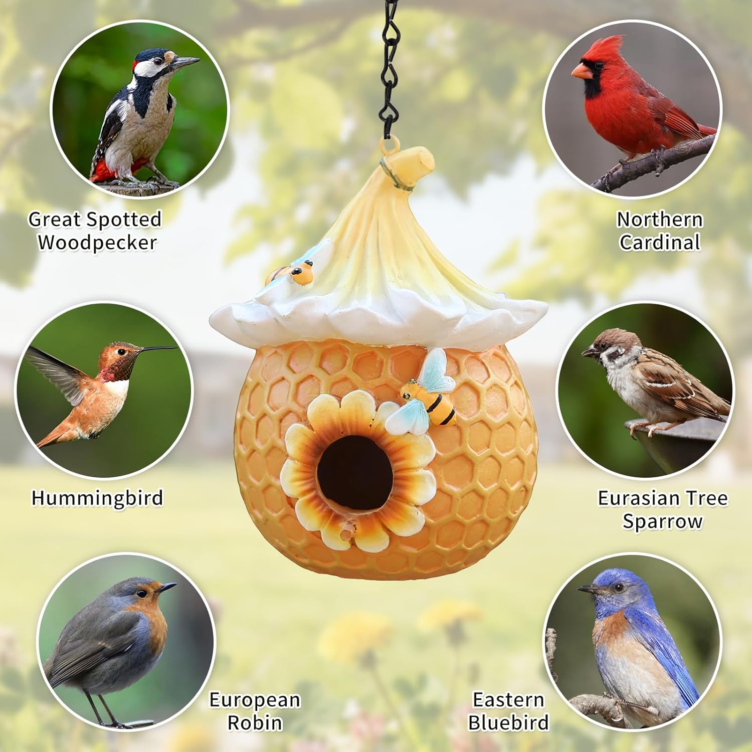 Bird Houses for Outside Yellow Cottage Resin Birdhouse, Garden Outdoor Decor Bird House with Flower and Bees, Birdhouses for Outdoors for Bluebird Finches Cardinals