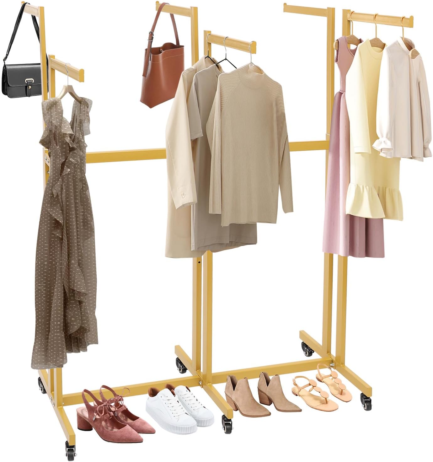 Floor Standing Metal Garment Rack, 6 Arms Clothing Display Rack Heavy Retail Display Racks With Wheels, 3.94 to 5.18Ft Adjustable Height Retail Clothing Rack for Hanging Clothes Heavy Duty (Gold)
