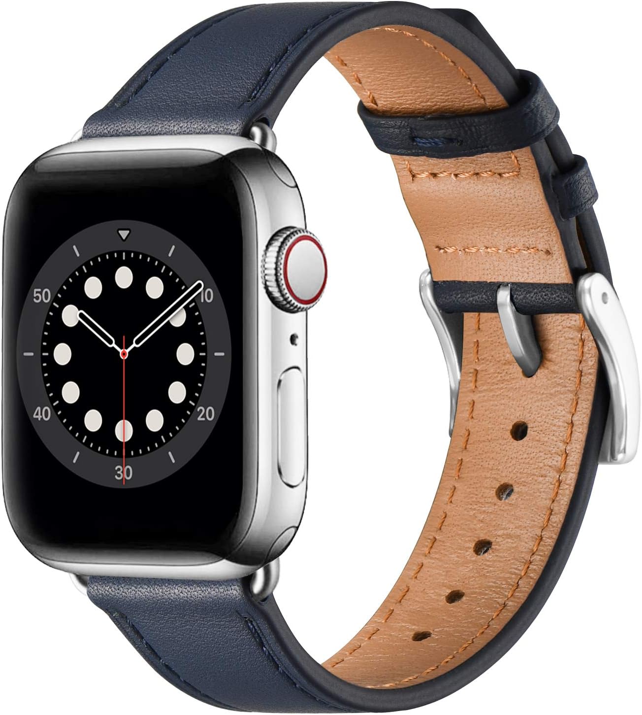 Watch Band Compatible with Apple Watch Band 42mm 44mm 45mm for Men and Women,Genuine Leather Replacement Strap for iWatch Series 7/6/5/4/3/2/1 (Navy/Silver, 42mm 44mm 45mm)