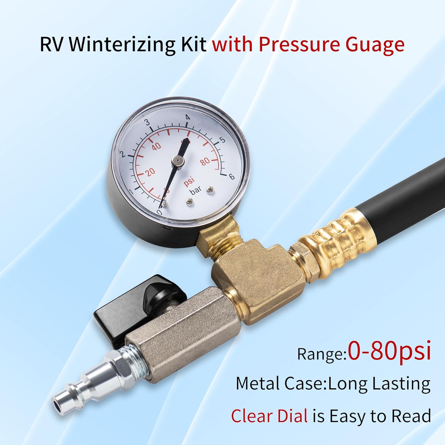 Winterize Sprinkler Blowout Adapter 60'' RV Winterizing Kit with integrated Pressure Gauge Shut Off Valve 1/4” Plug Air Compressor 3/4" GHT Connect for Motorhome Boat Camper Travel Trailer (black)