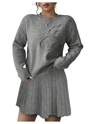 Verdusa Women's 2 Piece Outfits Flower Appliques Sweater Pullovers with