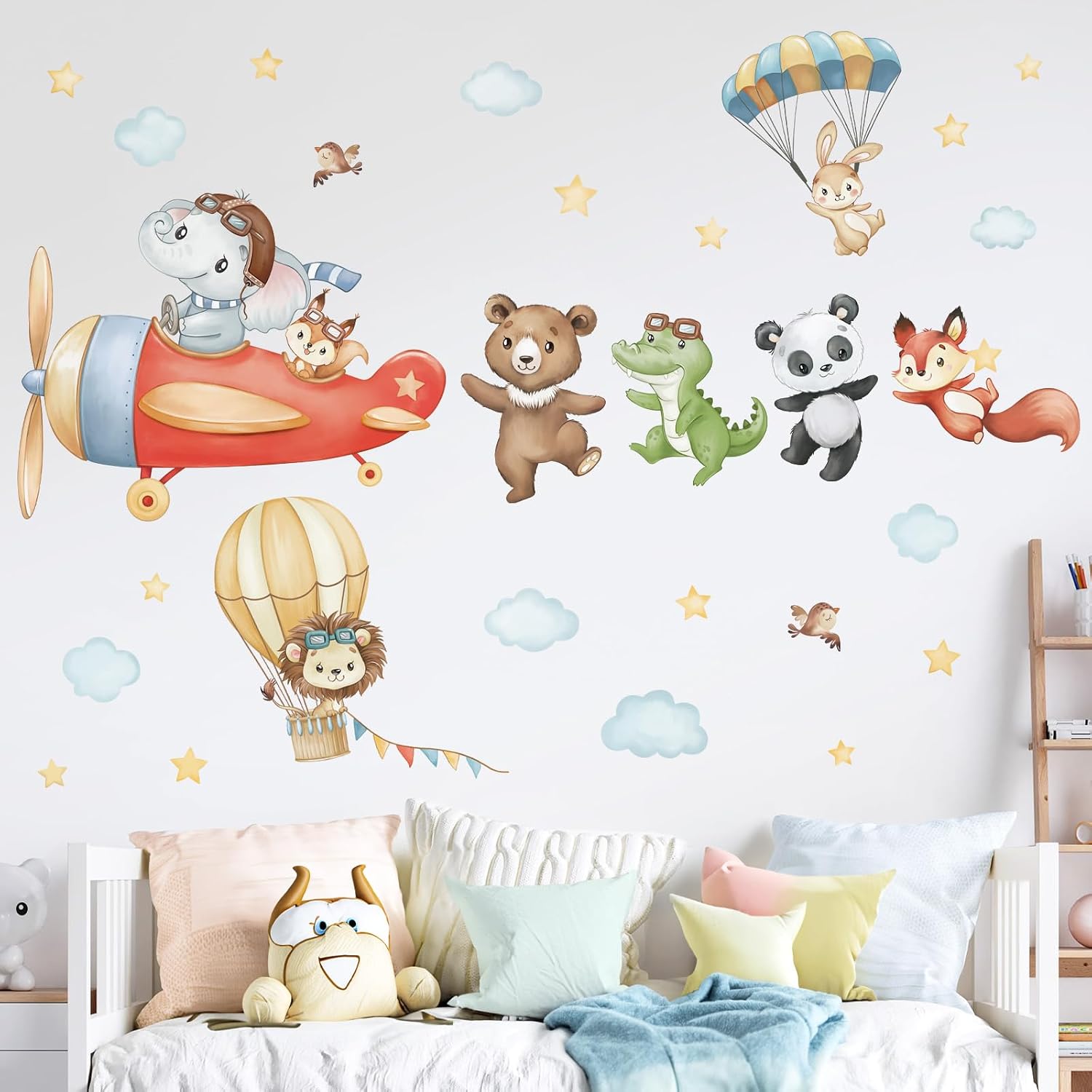 wondever Airplane Animals Wall Stickers Hot Air Balloon Animals Elephant Bears Panda Peel and Stick Wall Art Decals for Kids Bedroom Baby Nursery