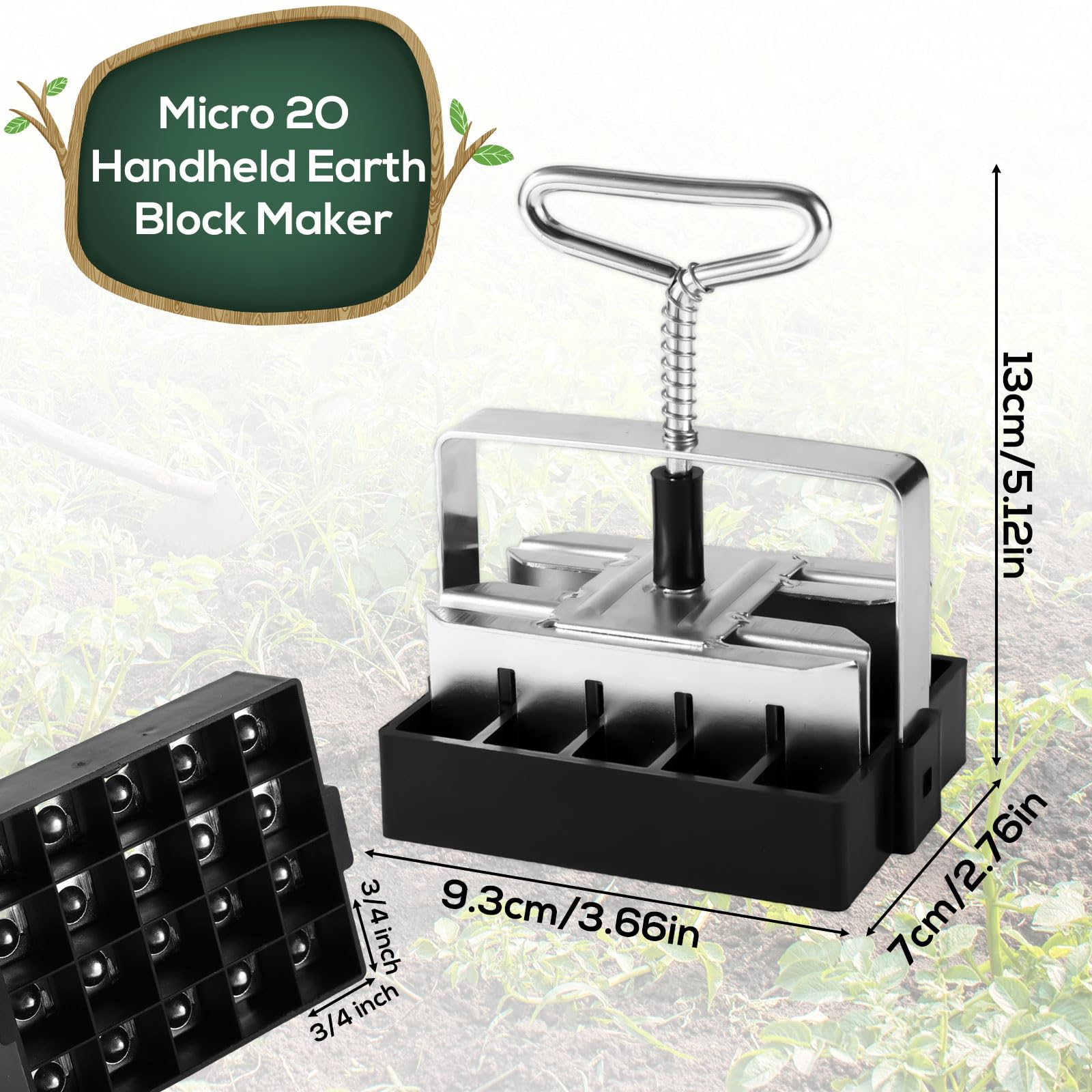 Mini Bloqueador de Suelo con 20 Celdas, Bloqueador de Tierra de Mano de Hierro de 1,92cmx1,92cm con Dispensador de Semillas para Plantas de Interior y Exterior