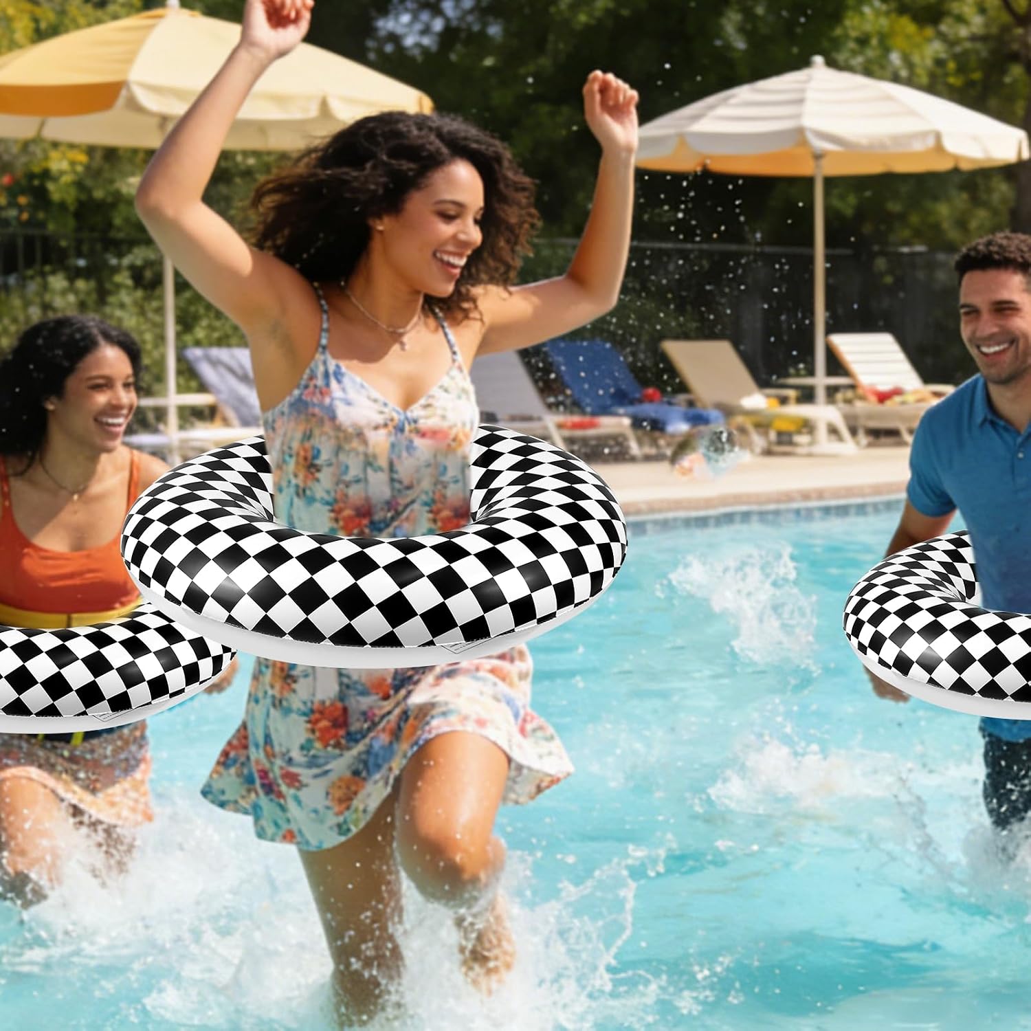 2 Pcs 28 Inch Race Car Pool Floats for Kids Adults, Floaties Pool Tubes Checkered Flag Inflatable Swim Rings Toys for Summer Beach Birthday Party Water Park Fun Interactive Water Play Accessories