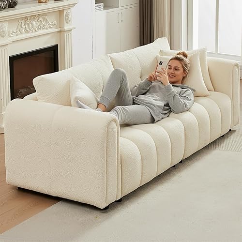 Miniatura 4 de Sofás Boucle Cloud modernos de 91.5 pulgadas, cómodos sofás Sherpa de 3 plazas con brazos enrollados y almohadas, sofá biplaza de gran tamaño para