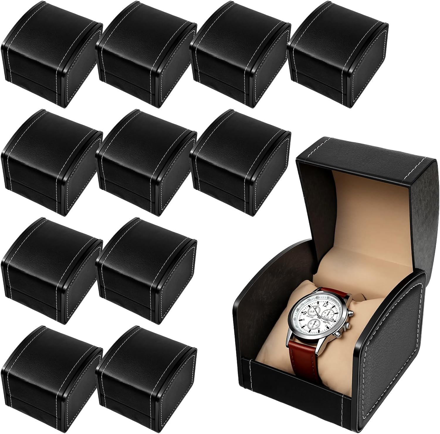 12 Packs Single Watch Box with Removable Pillow, PU Leather Jewelry Storage Case for Bracelet Necklace Display Holder Organizer, Black (4x3.5x3 Inches)