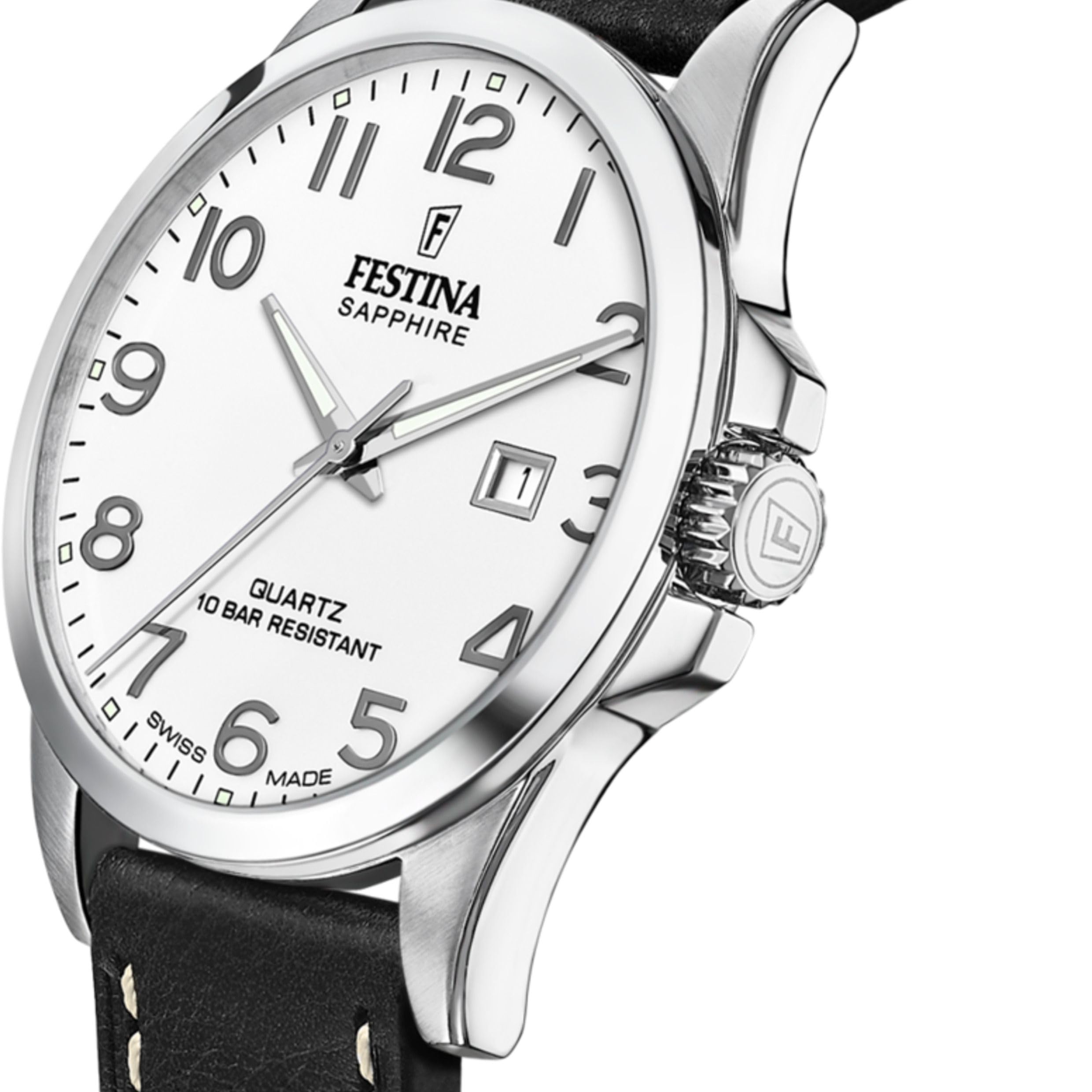 Festina Swiss Made Reloj Hombre Analógico de Cuero Negro | Movimiento de Cuarzo, Calendario, Cristal Zafiro de Alta Resistencia, Resistente al Agua 10 ATM F20025/1 Classic Leather