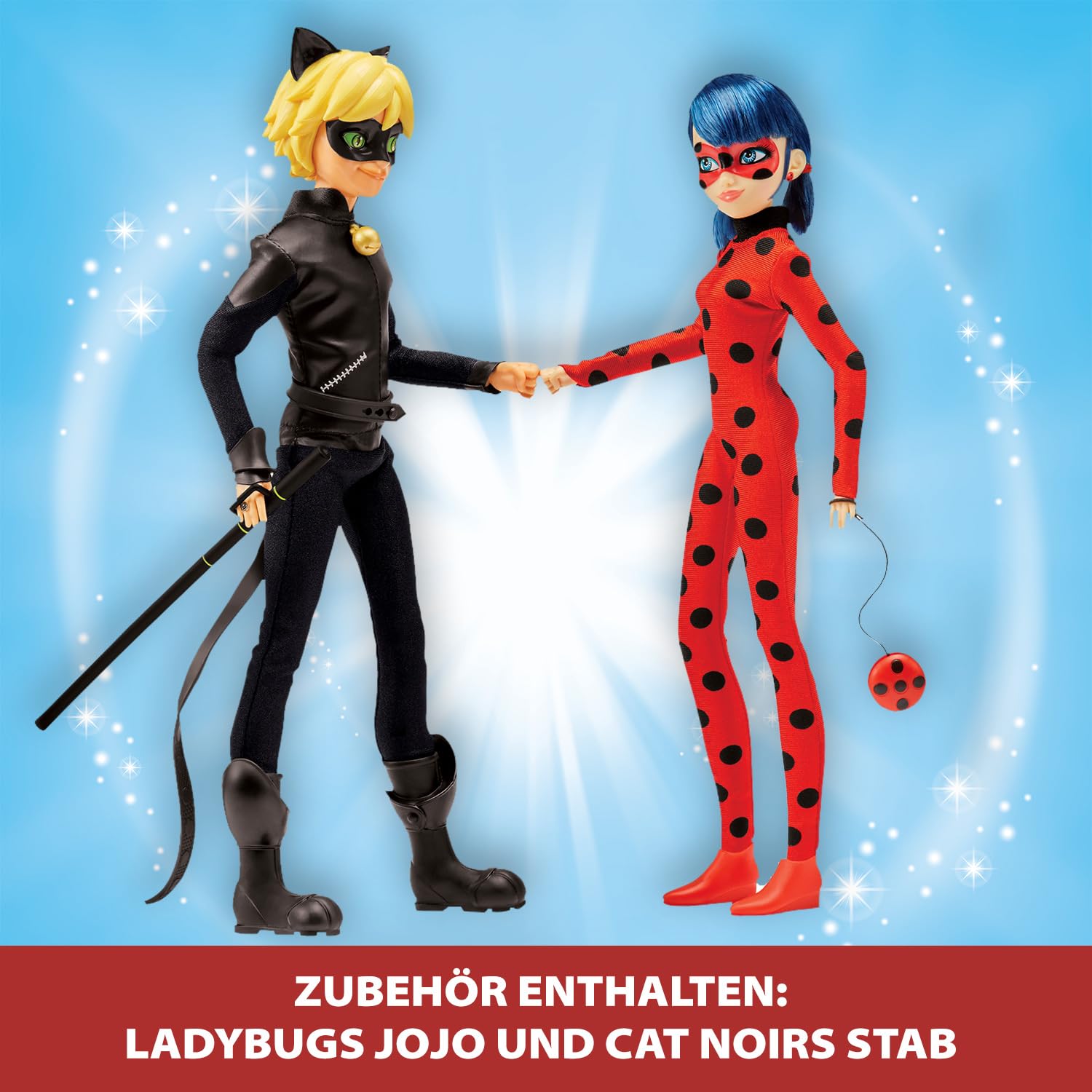BANDAI - Miraculous Ladybug - Pack mit 2 26 cm Gelenkpuppen - Schatulle Ladybug und Cat Noir - Miraculous Spielzeug Puppe - Kinderspielzeug ab 4 Jahren - P50365