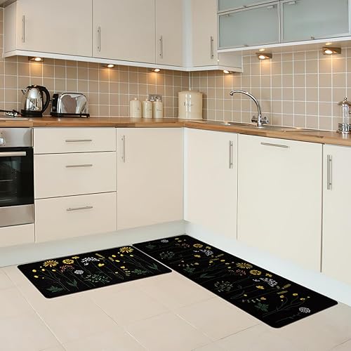Miniatura 2 de Rempry Juego de 2 tapetes de cocina coloridos florales para piso, alfombras de cocina antideslizantes y tapetes de cocina, impermeables, acolchados,