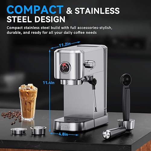 Miniatura 6 de Máquina de café expreso de 20 bar, compacta con espumador de leche, cafetera de acero inoxidable para capuchino y leche, tanque de agua de 42 onzas,