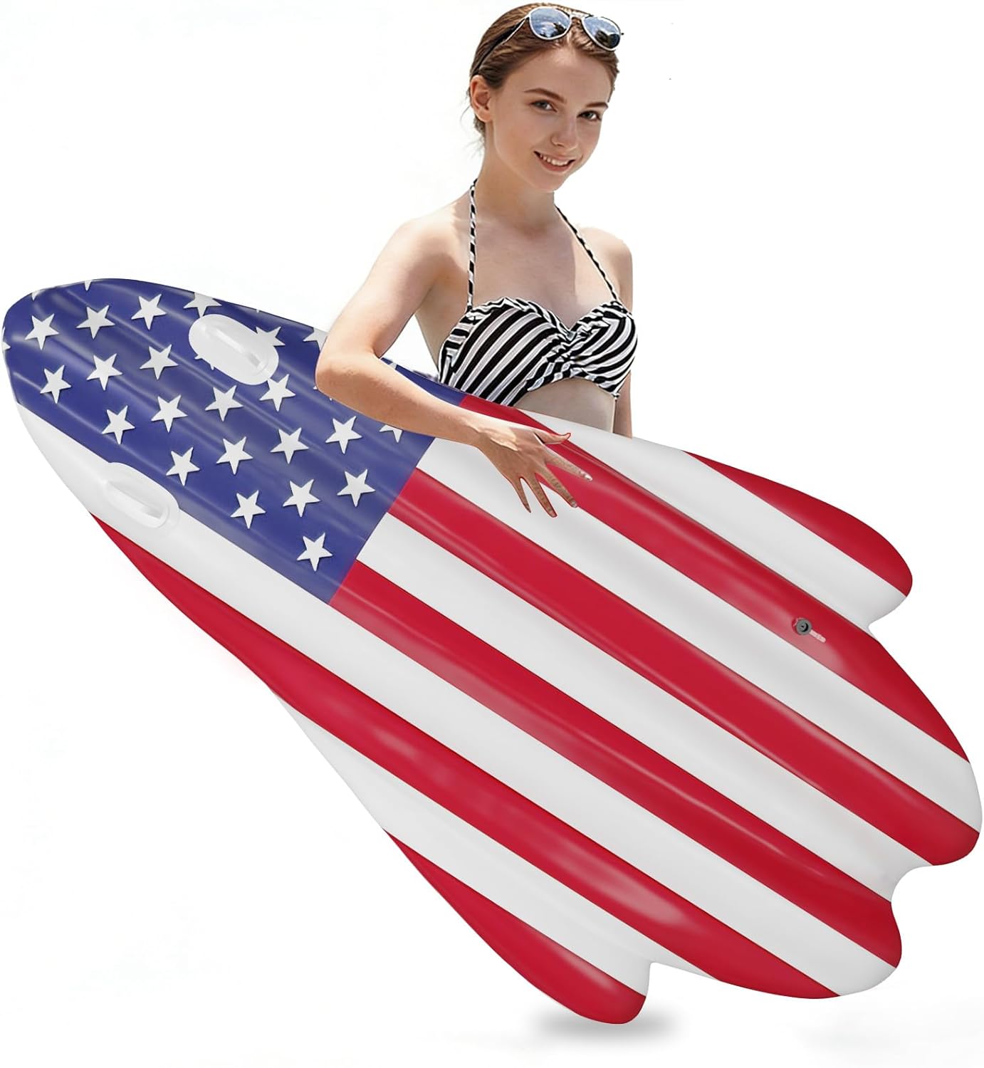 70" American Flag Pool Floats Adults, Inflatable Tanning Pool Raft, Patriotic Rocket Water Lounger Summer Floaties for 4th of July, USA 250th Anniversary