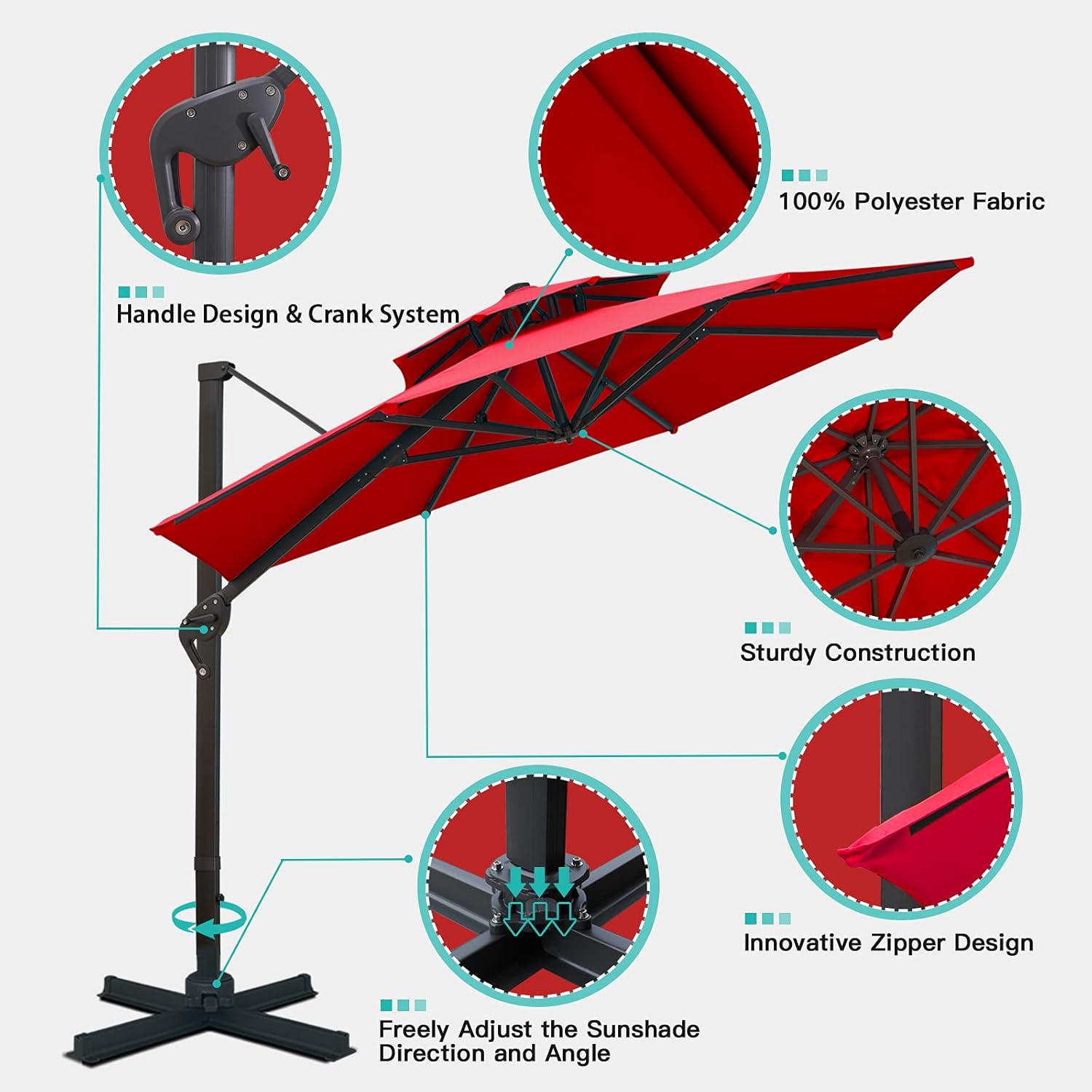 Sunnyglade 11FT Double Top Cantilever Patio Umbrella Deluxe Offset Umbrella 360° Rotation & Integrated Tilting System Heavy Duty Outdoor Umbrella for Market Garden Deck Pool Backyard Patio(Red)