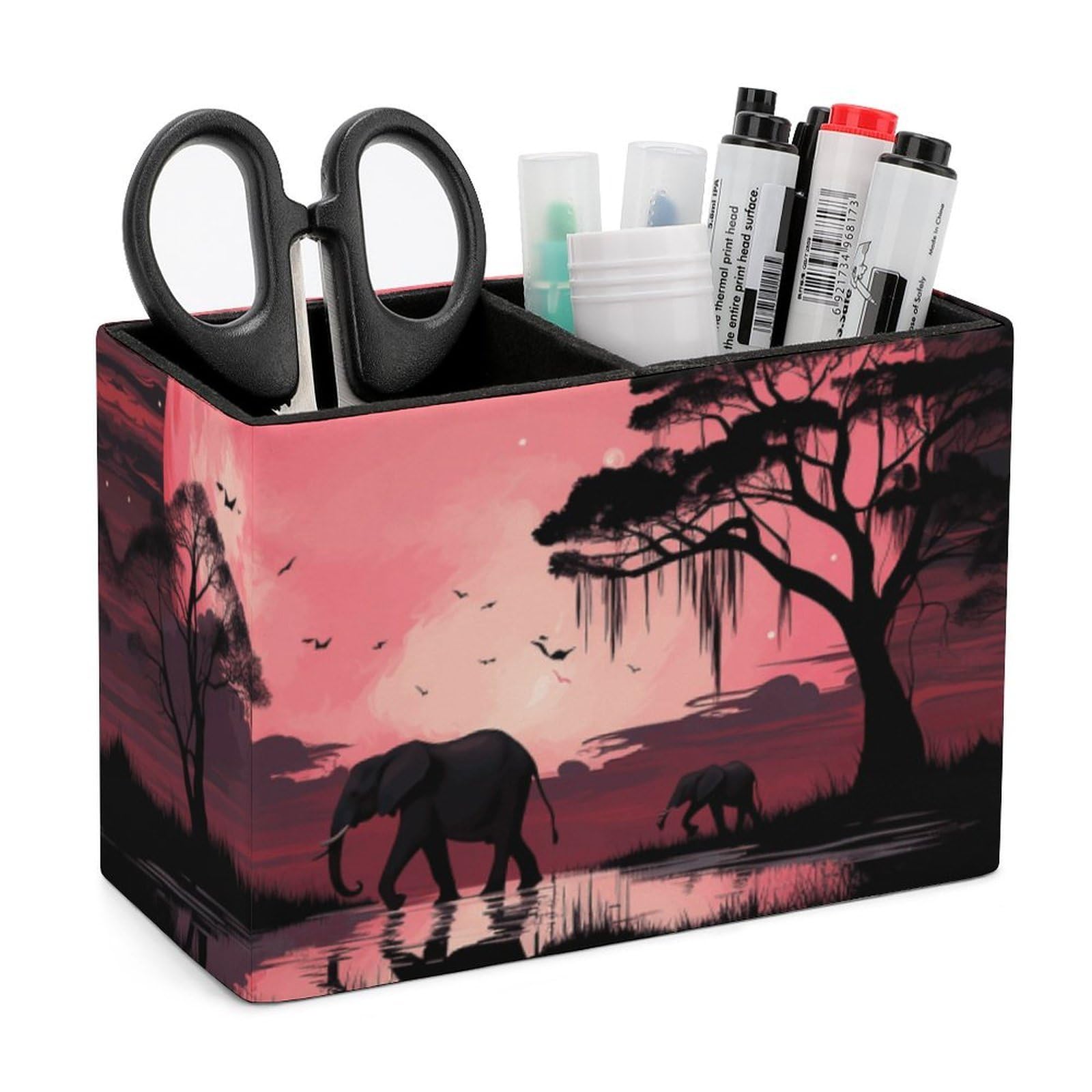 LZQPOEAS Exquisite Patterns PU Leather Pen Holder, Multifunctional Desktop Organizer Caddy with 2 Compartments, Pink Moon Elephant Pencil Cup Makeup Brush Holder for Office Home
