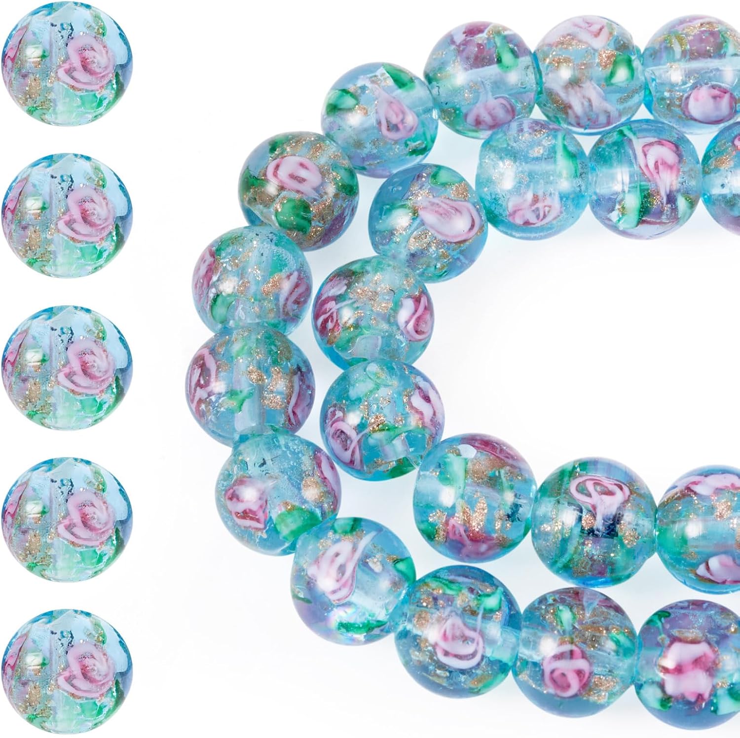 Cheriswelry 40Pcs/Strand Rose Flower Lampwork Beads 10mm Handmade Gold Sand Glass Beads Round Loose Spacer for DIY Bracelet Necklace Earring Rosary Jewelry Crafts (Pale Turquoise)