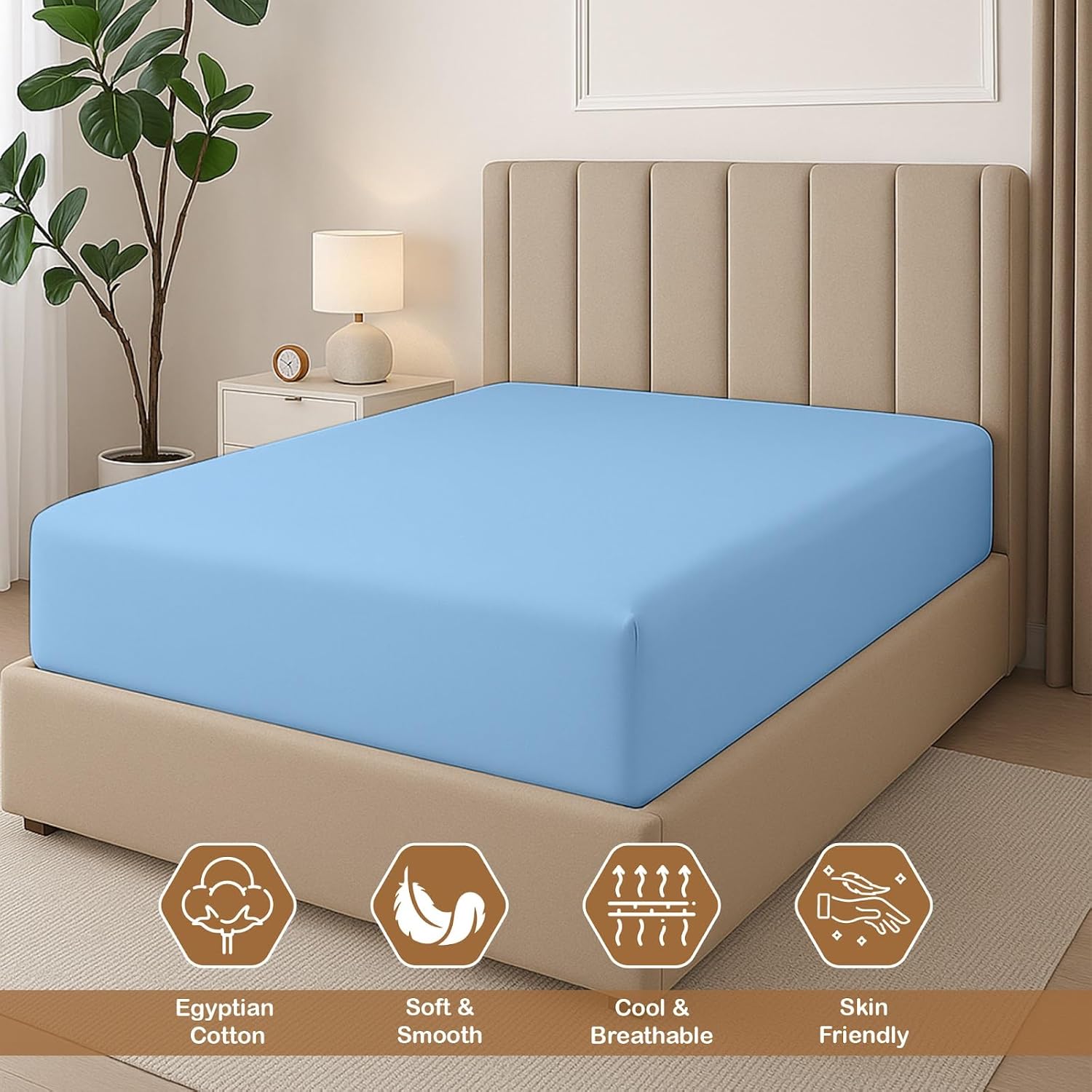 ARlinen 1 PC Queen Fitted Sheet Only, 100% Egytipan Cotton Bottom Sheets, Ultra-Soft, Deep Pocket Fits Up to 12-Inch Mattress, Light Blue - Image 2