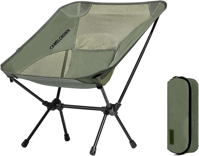 CAMEL CROWN Portable Camping Chair Lightweight Compact Folding Chair Mesh for Outdoor Camp Travel Beach Picnic Festival Hiking Backpacking Army Green