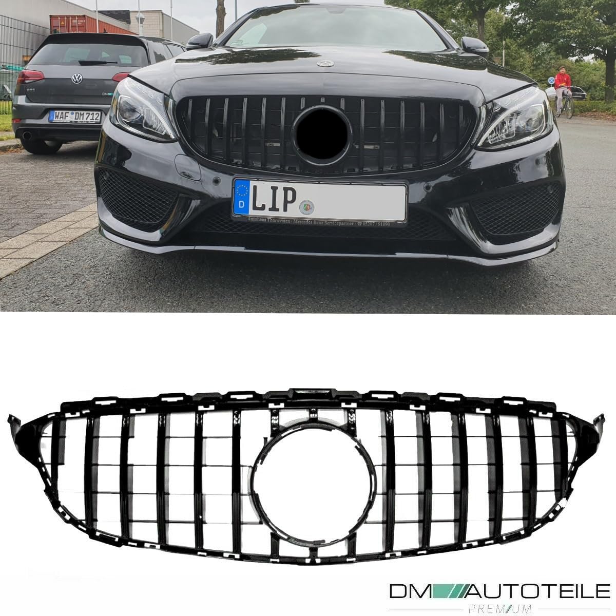 DM Autoteile 2227 Kühlergrill Grill Schwarz Glanz kompatibel für Mercedes C Klasse W205 S205 14-18 auf Sport-Panamericana GT