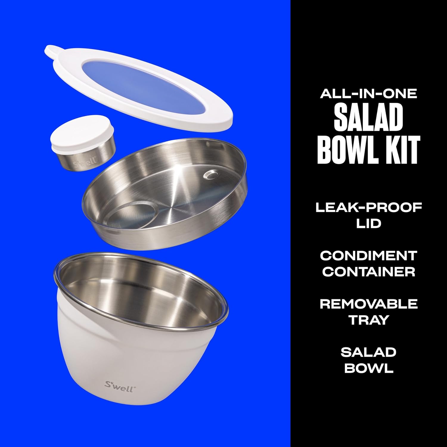 S'well Stainless Steel Salad Bowl Kit 64oz, Moonstone, Comes with 2oz Mini Canister and Removable Tray for Organization, Leakproof, Easy to Clean, Dishwasher Safe - Image 2