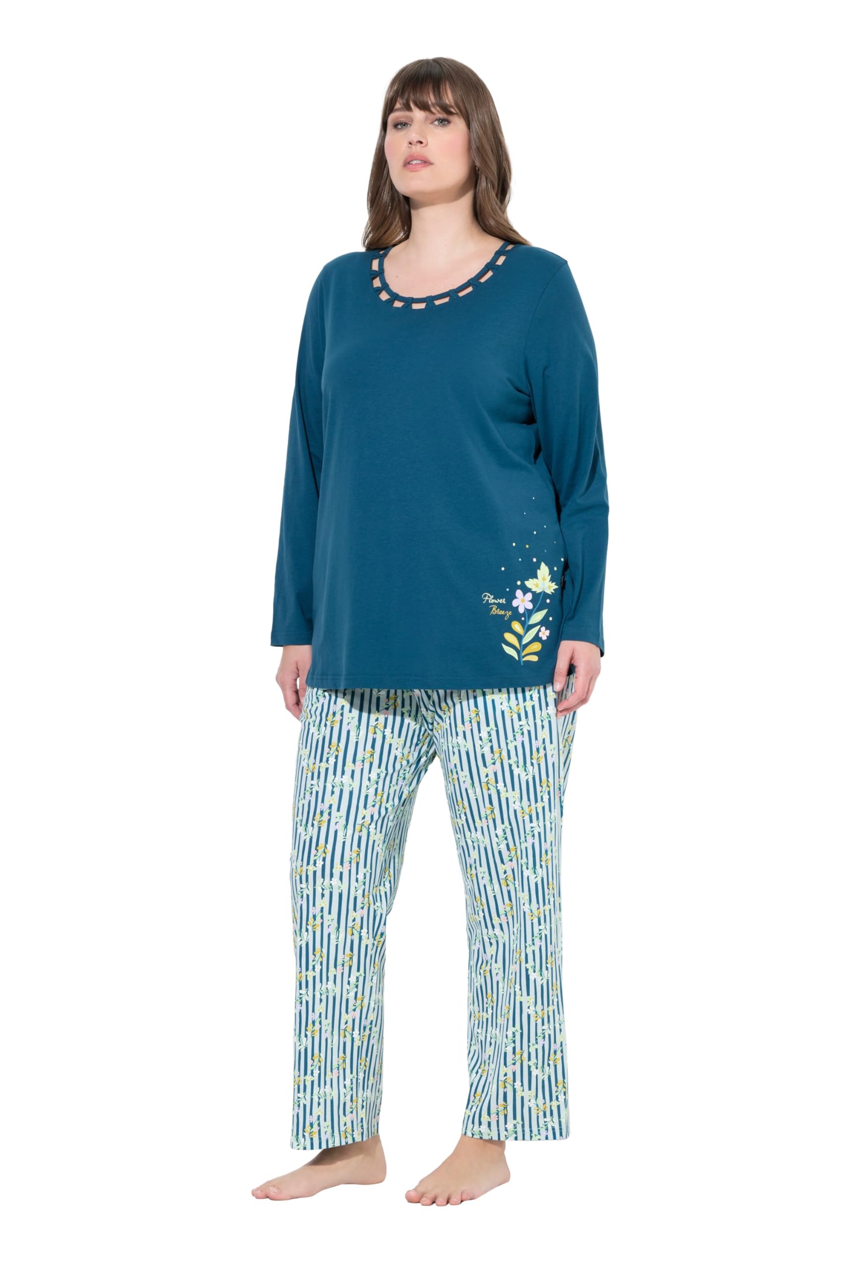 Ulla Popken Damen große Größen Übergrößen Plus Size Pyjama, Blüten, Rundhals, Langarm, Taschen 843826