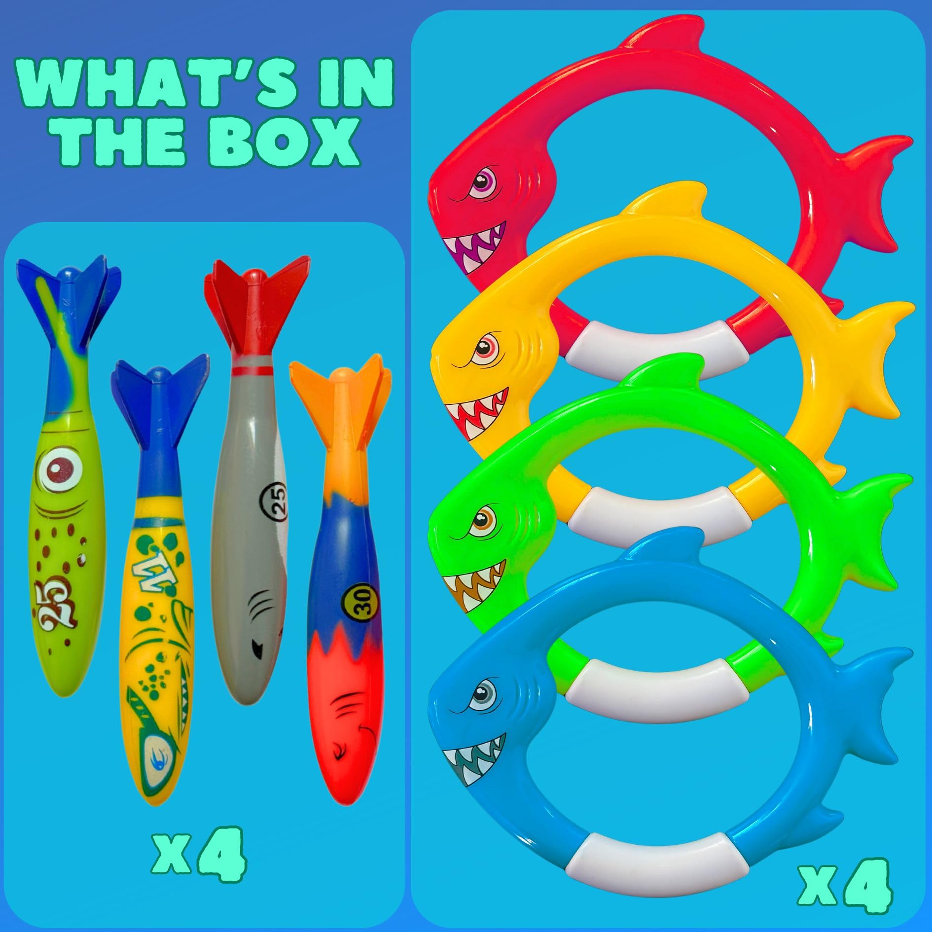Haktoys - Anelli da immersione a forma di squalo e giocattoli per immersioni in piscina, 8 pezzi di torpedi e anelli di pesce per bambini e allenamento di nuoto, giochi da piscina per bambini e