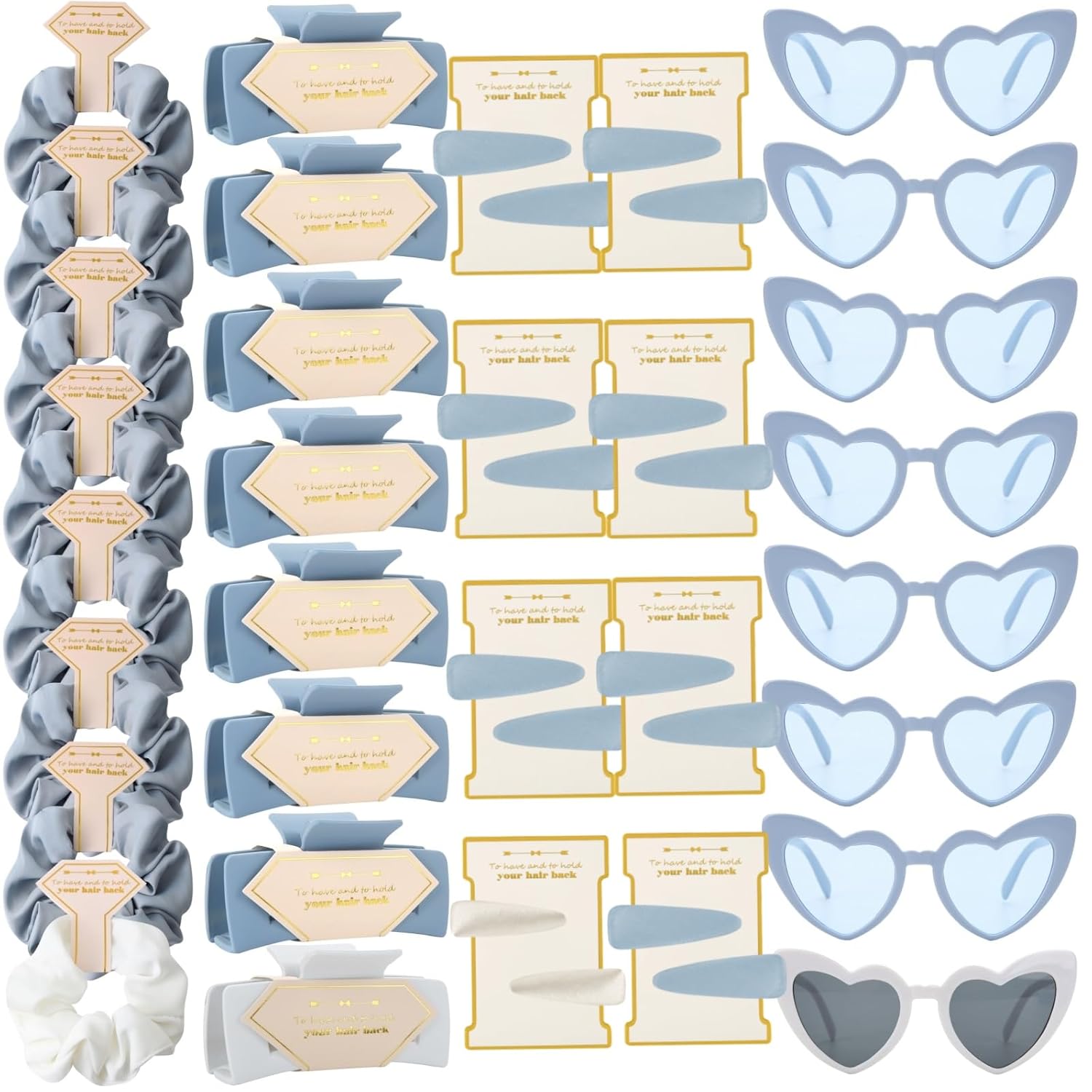 Bridesmaid gift set: scrunchies, clips & heart sunglasses (40pcs) white & blue