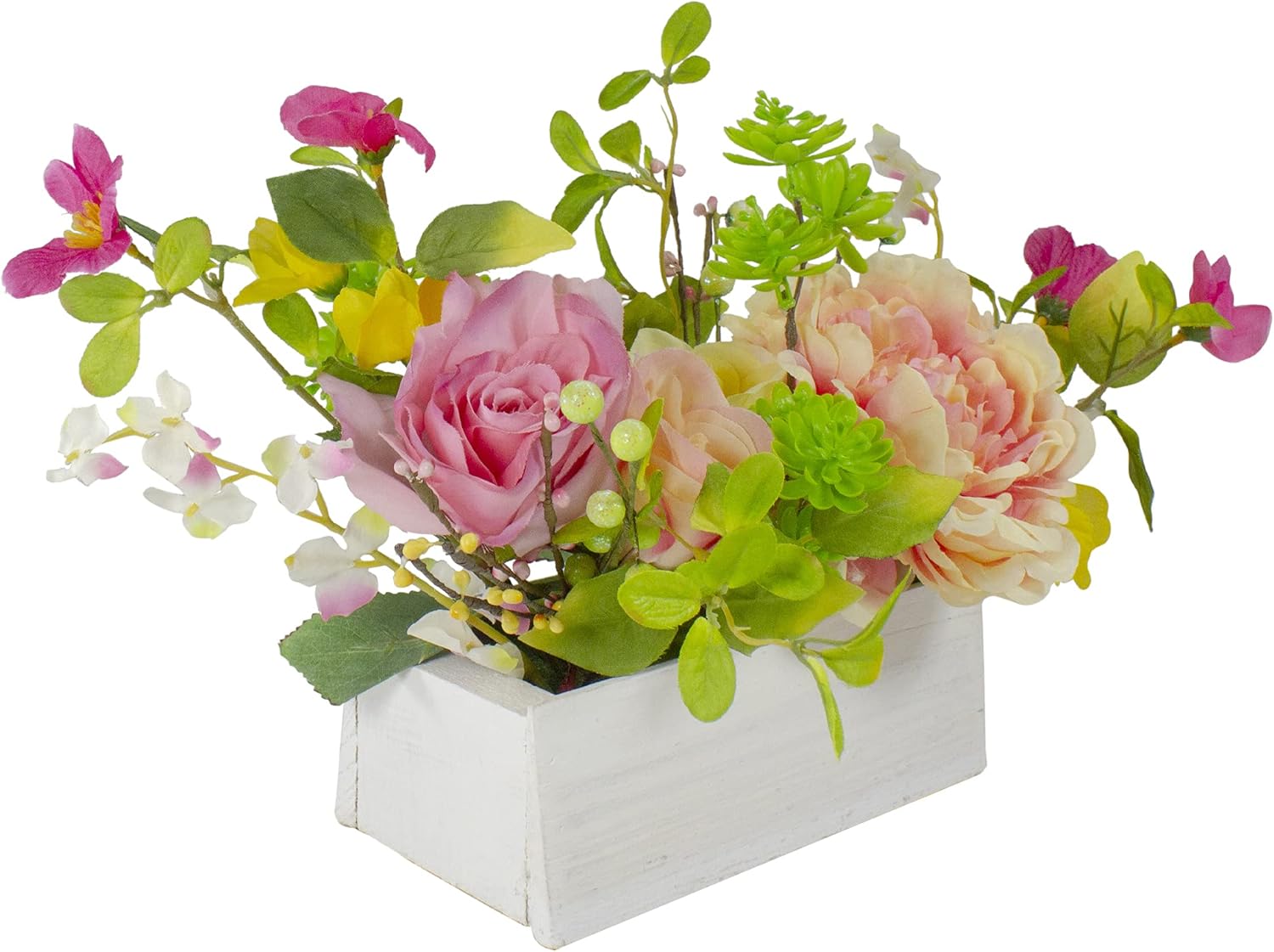 Northlight Artificial Roses and Peony Floral Arrangement in Planter - 14" - Pink and Yellow
