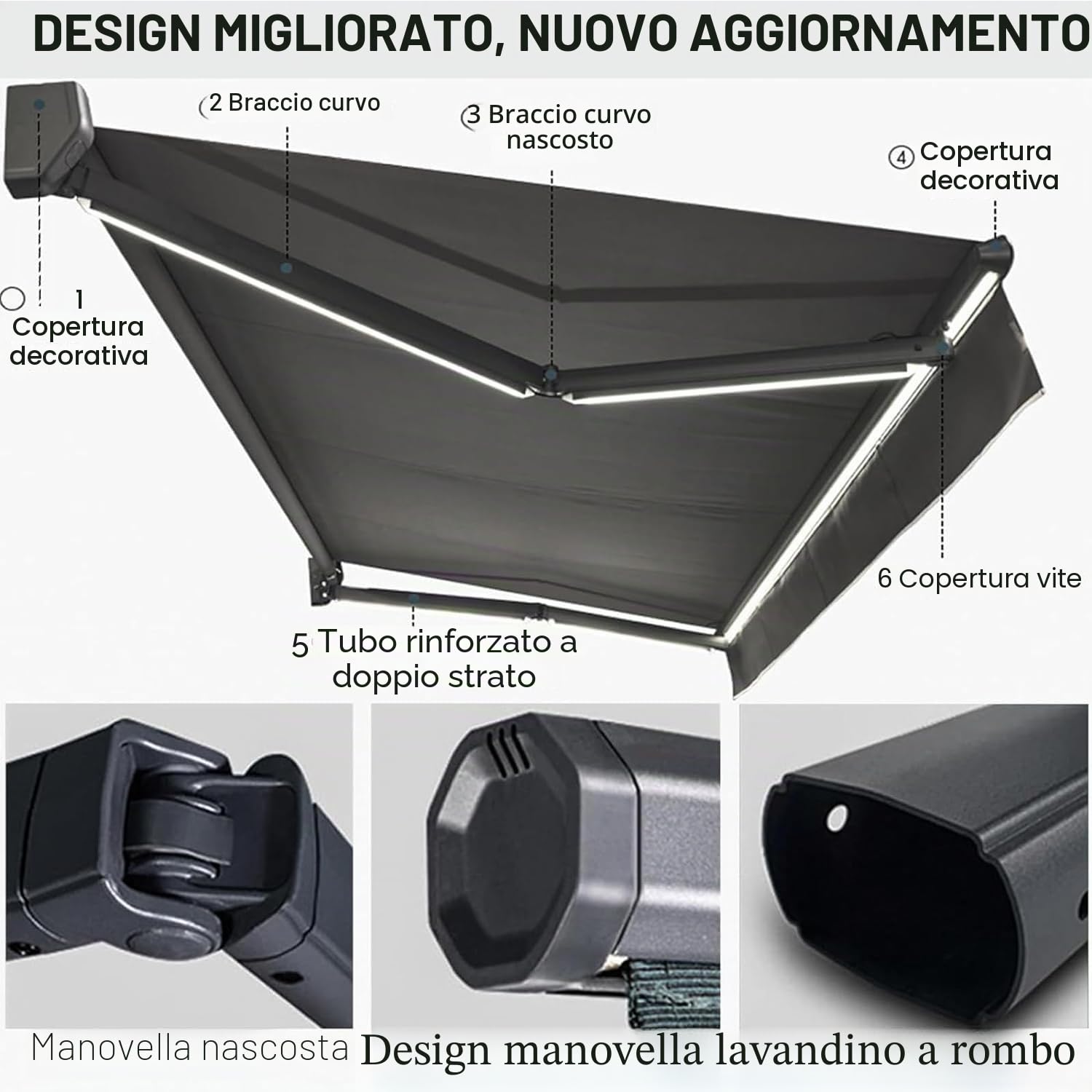 Tenda elettrica retrattile per patio, con telecomando e luce, tenda da sole in alluminio per esterni, riparo su terrazza, cortile, giardino, balcone