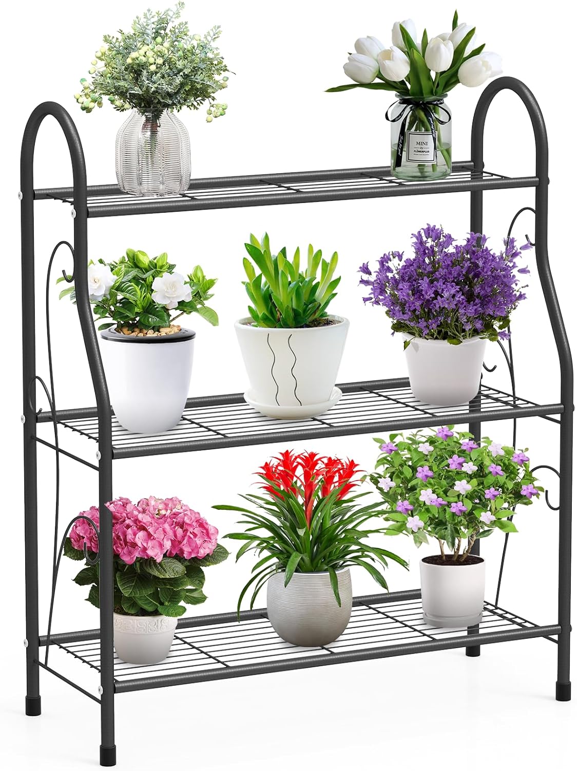 Plant Stand Indoor, Plant Stand, Outdoor Plant Stand, Heavy Duty Metal 3 Tiered Hanging Plant Shelf for Multiple Flower Planter Holder Tall Large Rack for Living Room Garden Balcony, Grey