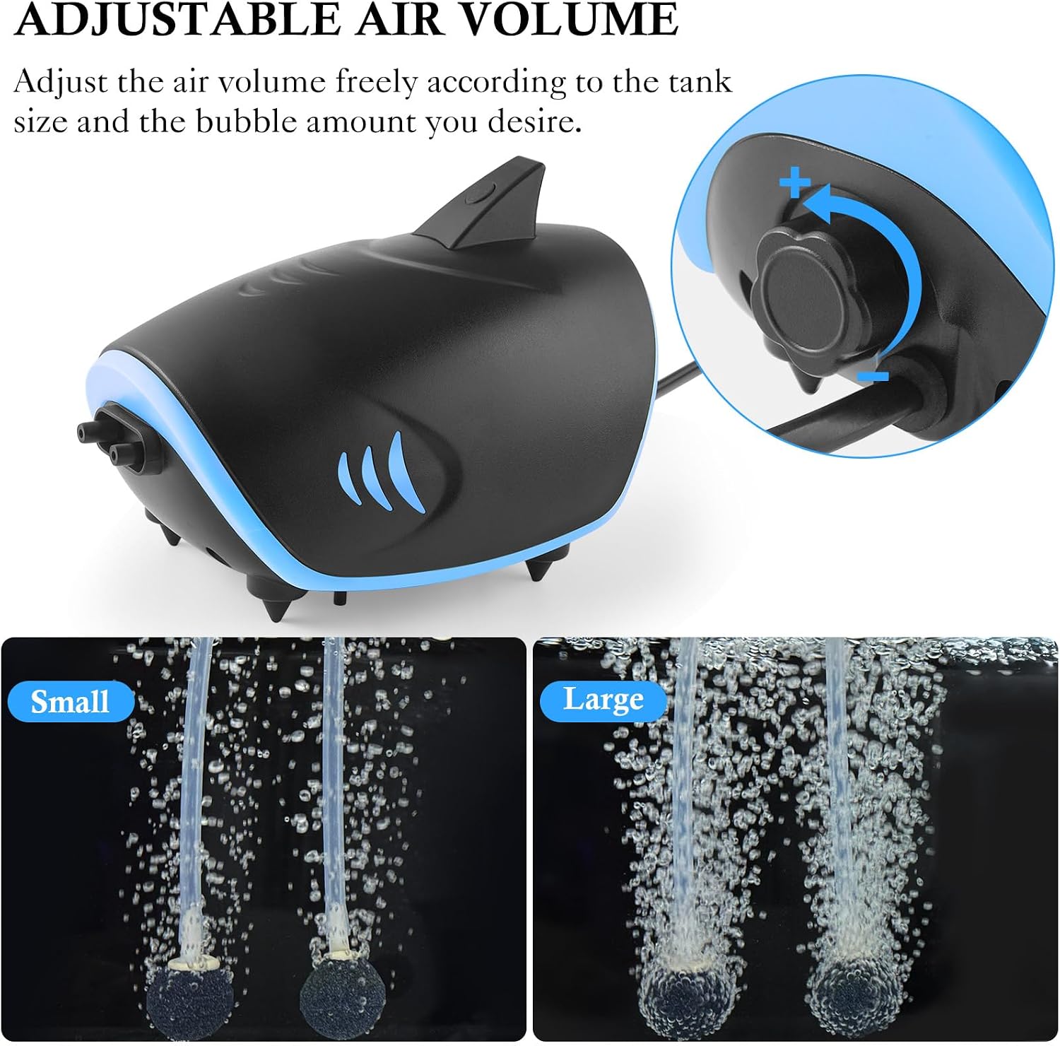 HITOP 3W Quiet Aquarium Air Pump: 80GPH Adjustable Fish Tank Air Pump with Dual Output, Powerful Shark-Shaped Aquarium Aerator, Aquarium Oxygen Pump for up to 100Gallon Tank image 4